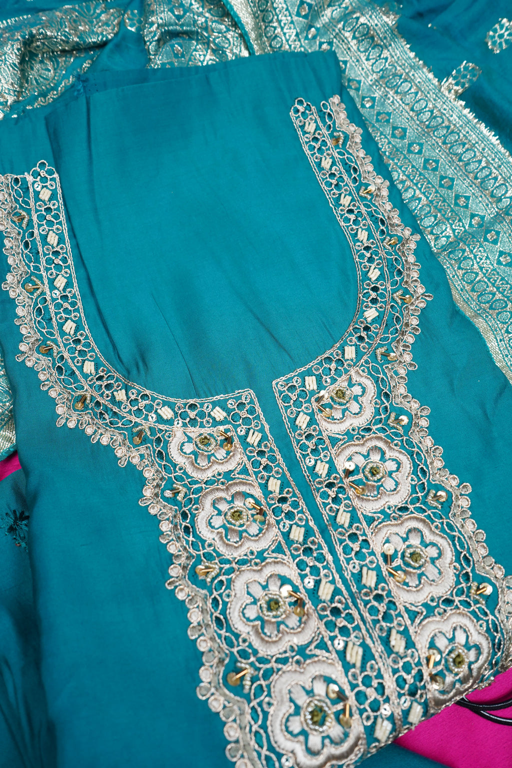 blue silk threadwork unstitched salwar suit
