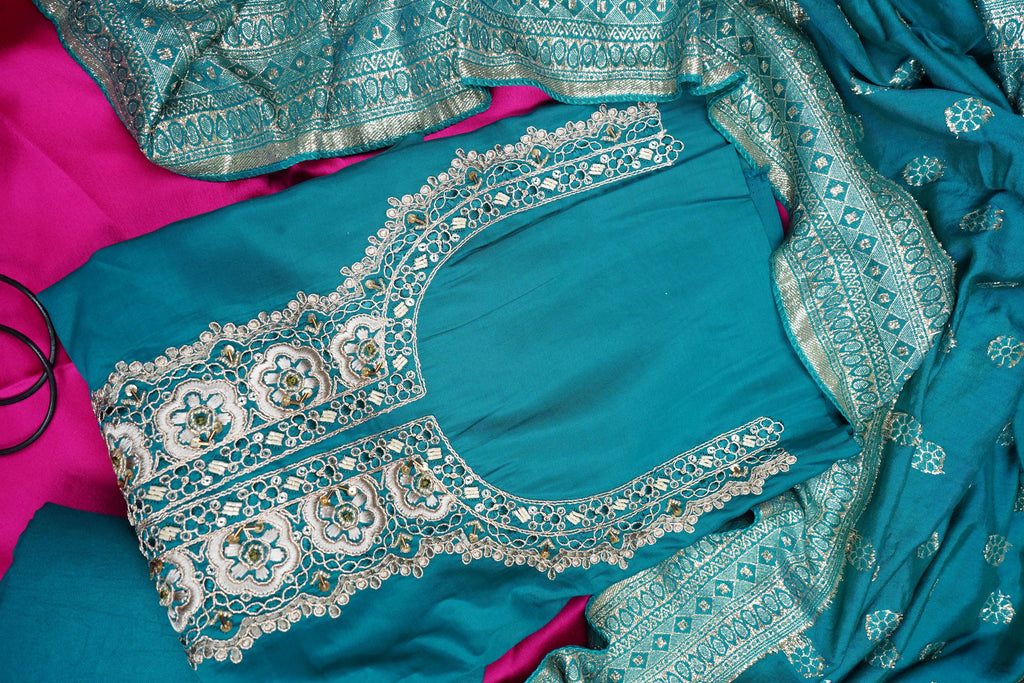 blue silk threadwork unstitched salwar suit