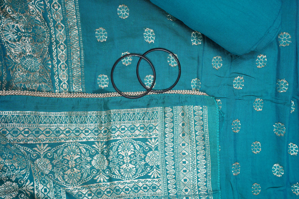 blue silk threadwork unstitched salwar suit