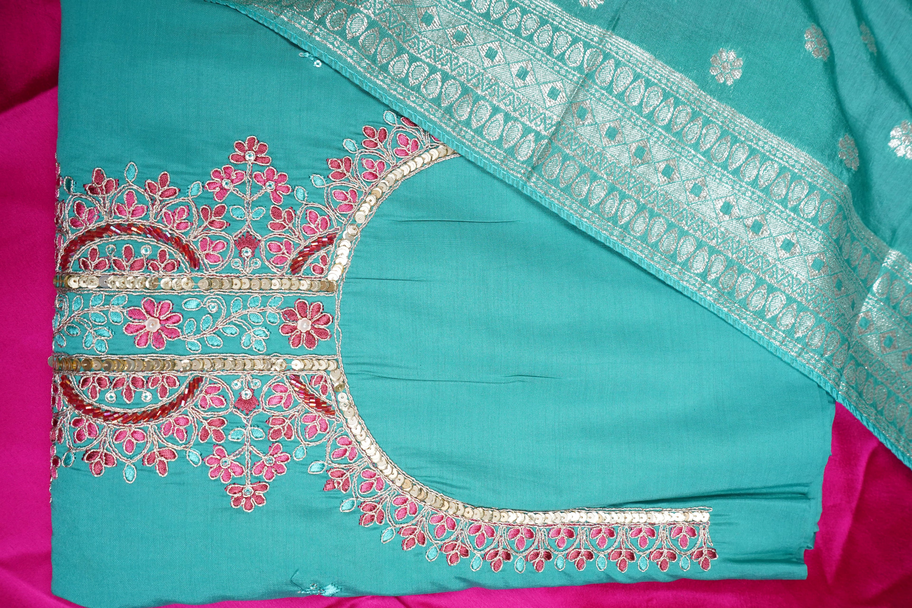 blue silk threadwork unstitched salwar suit