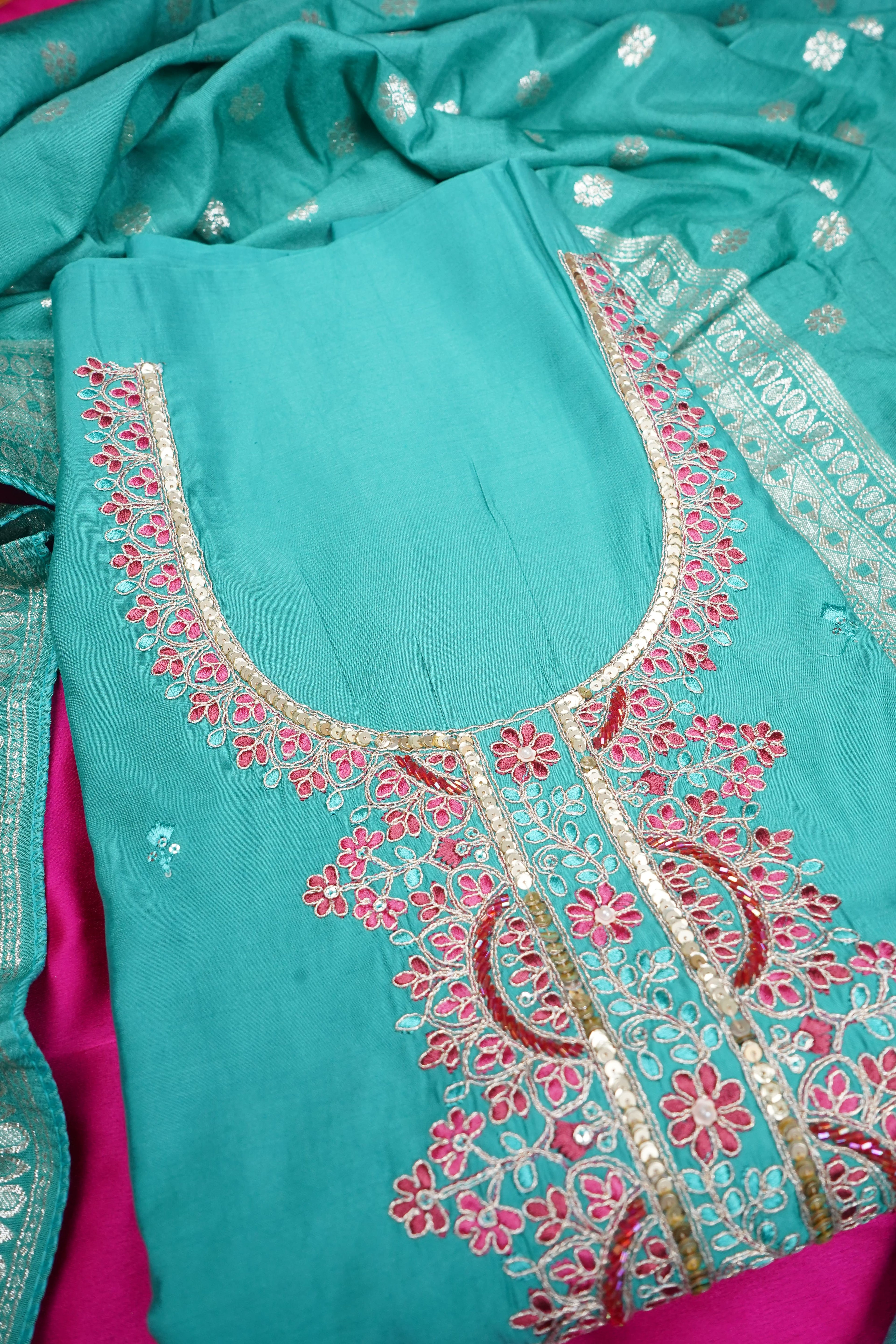 blue silk threadwork unstitched salwar suit