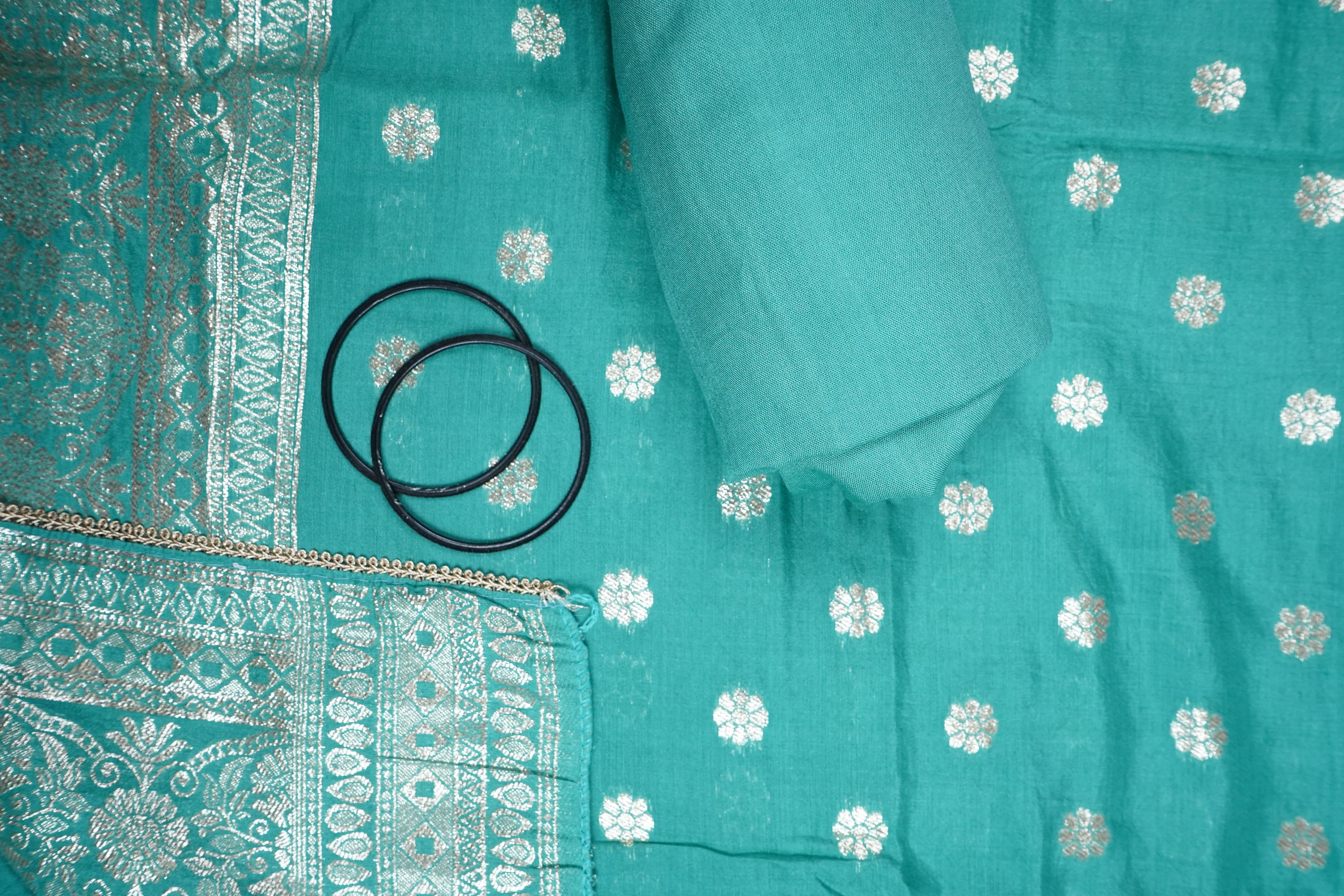 blue silk threadwork unstitched salwar suit