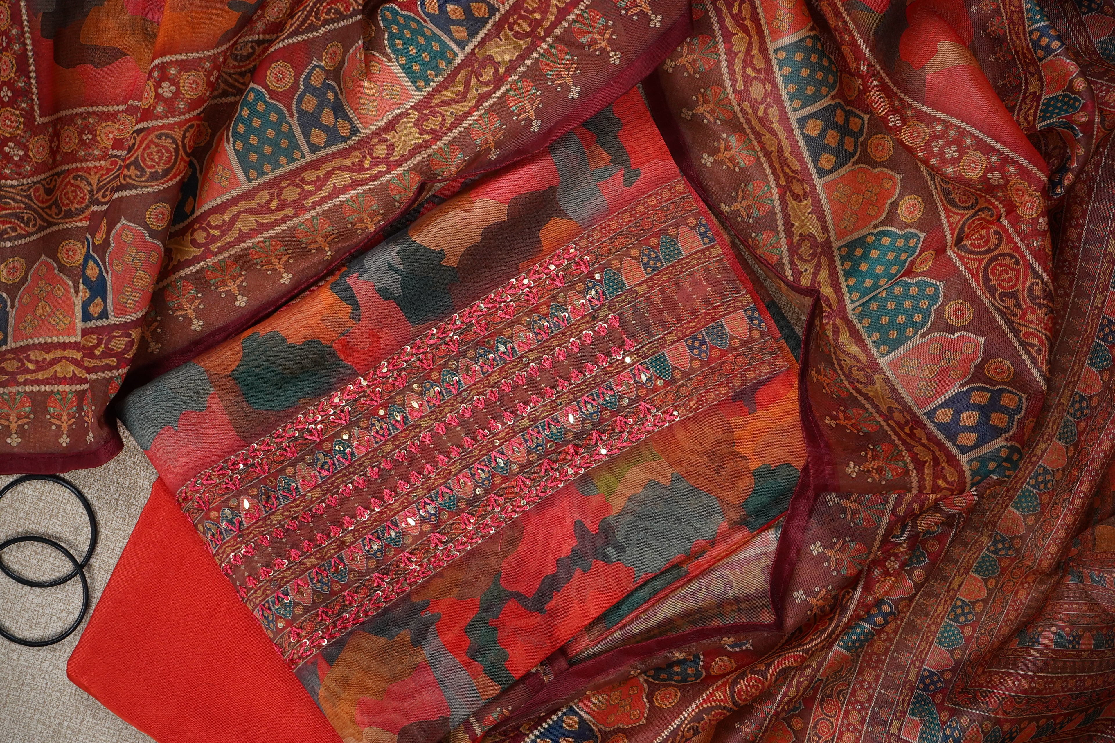 multicolour organza unstitched salwar suit