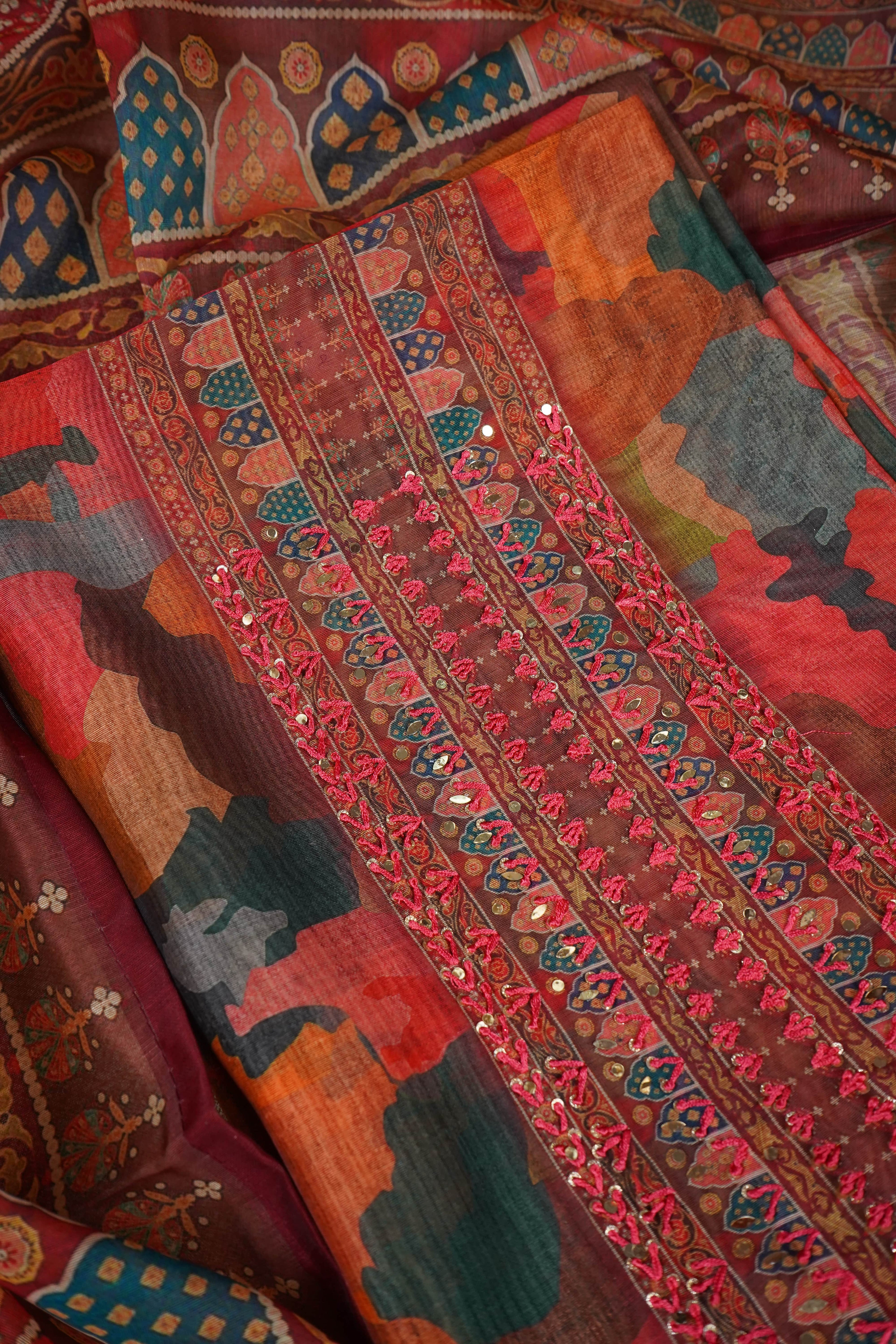 multicolour organza unstitched salwar suit