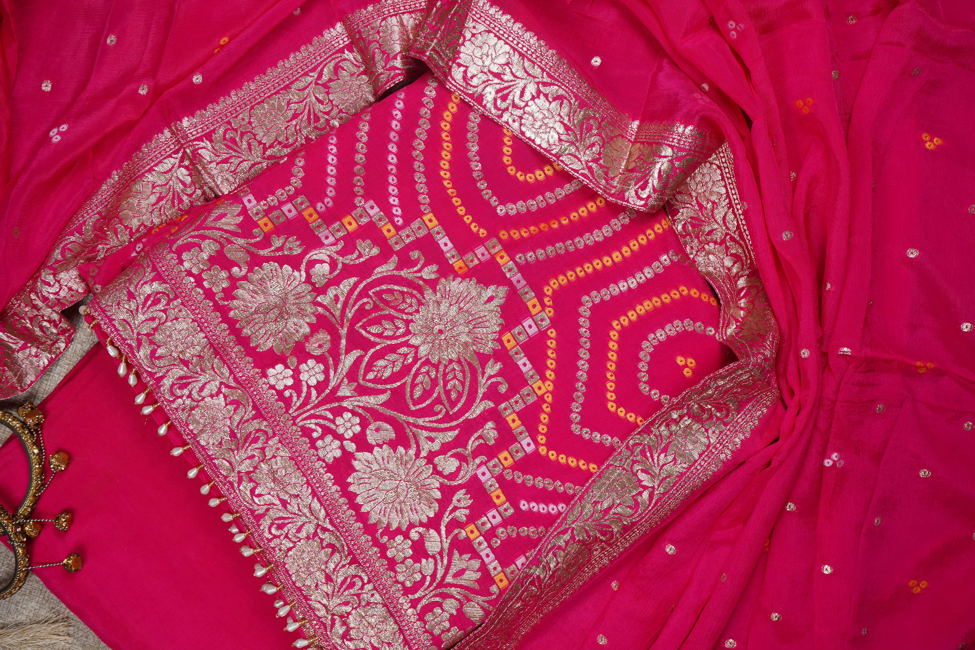 bright pink geometric bandhani banarasi silk unstiched salwar suit
