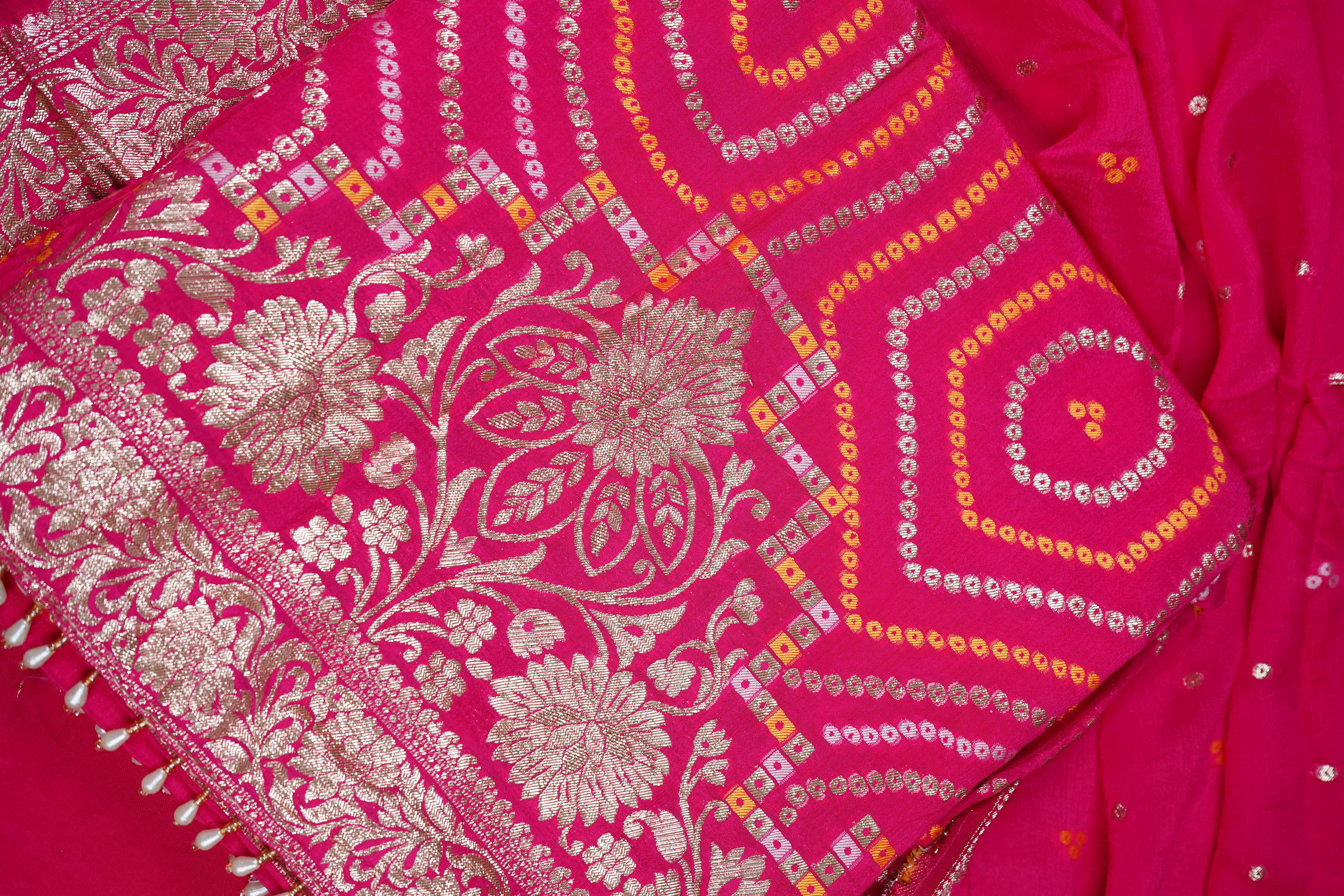 bright pink geometric bandhani banarasi silk unstiched salwar suit