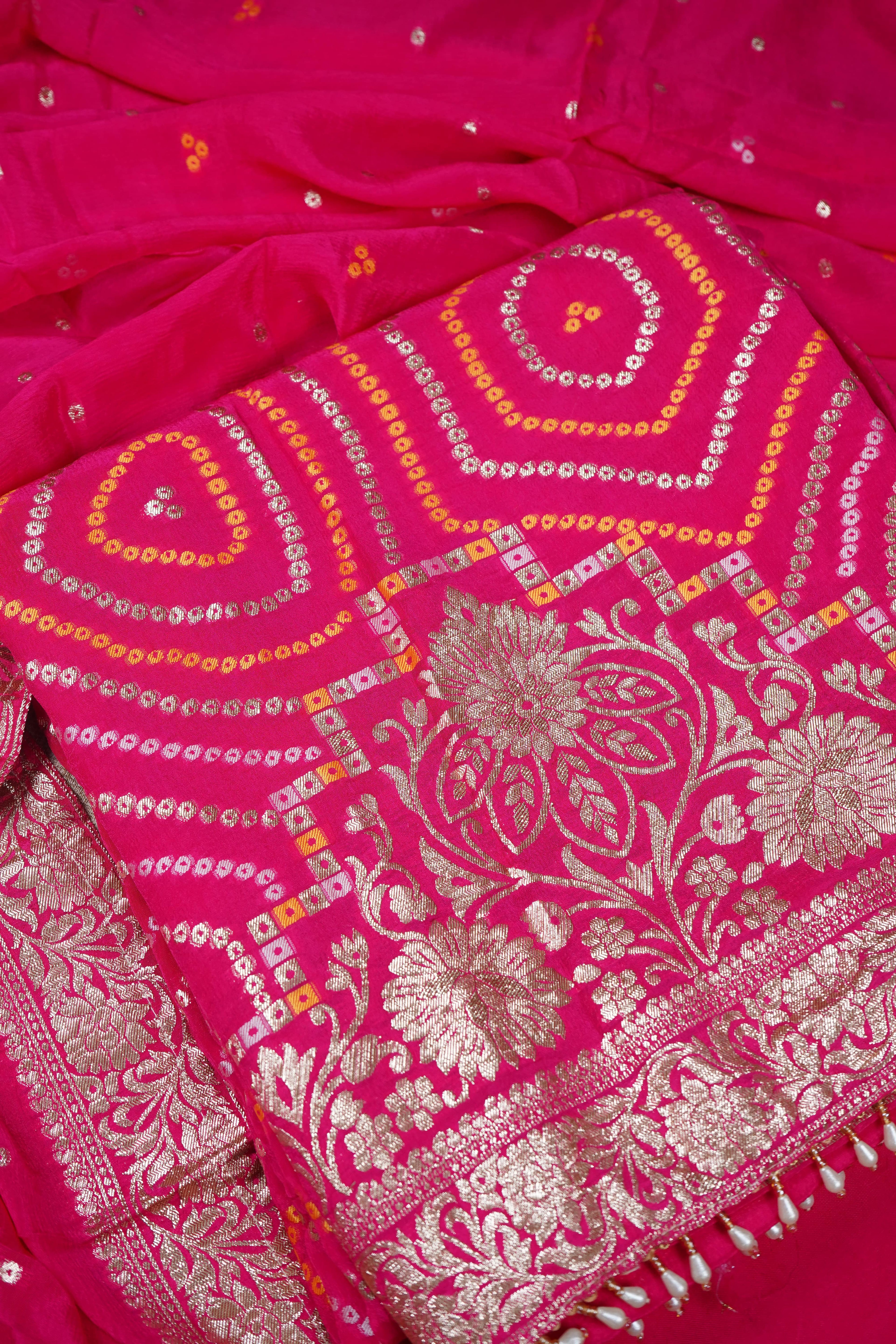 bright pink geometric bandhani banarasi silk unstiched salwar suit
