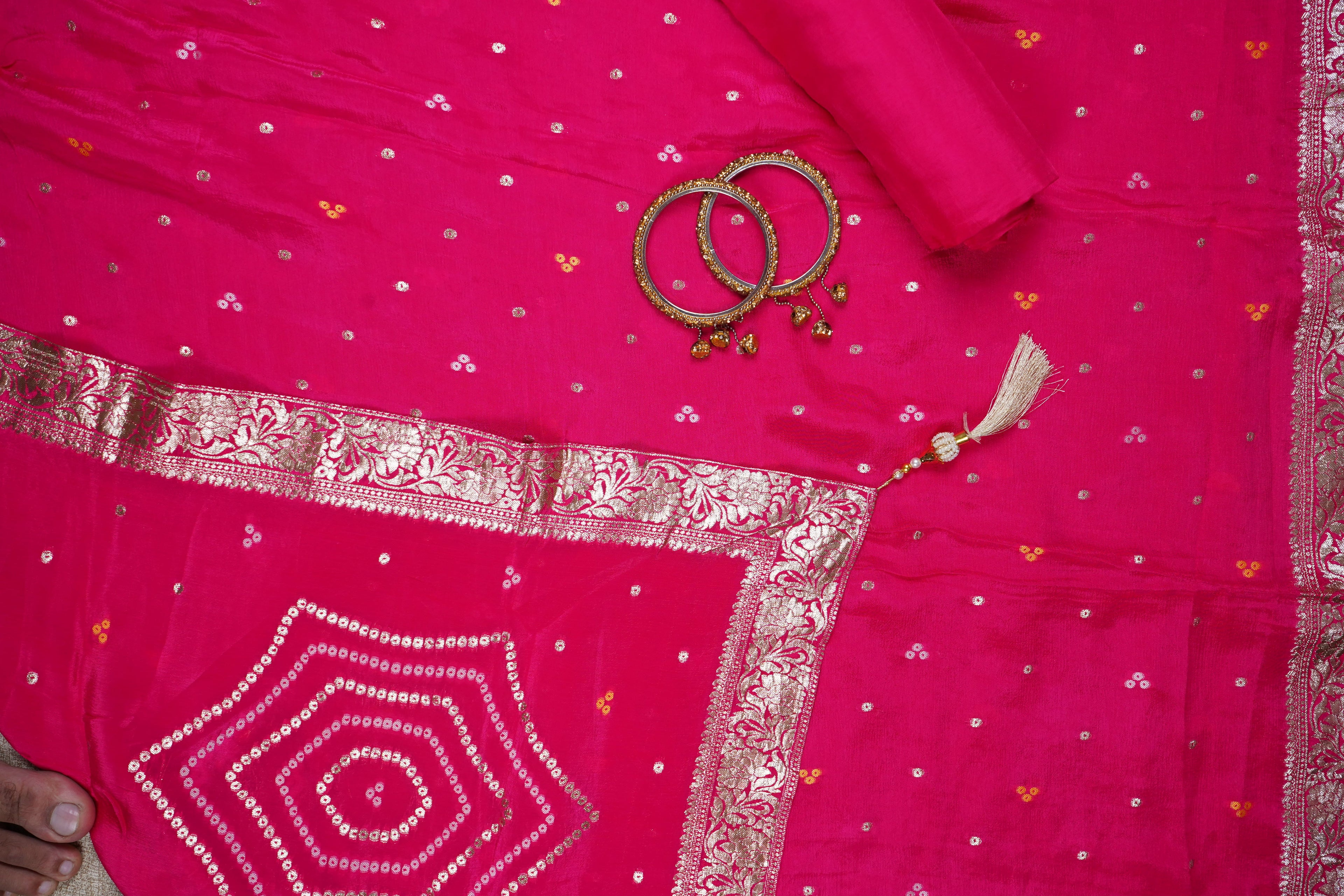 bright pink geometric bandhani banarasi silk unstiched salwar suit