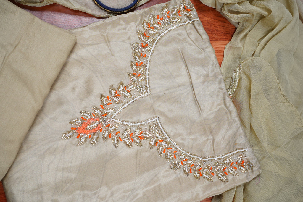beige semi crepe unstitched salwar suit