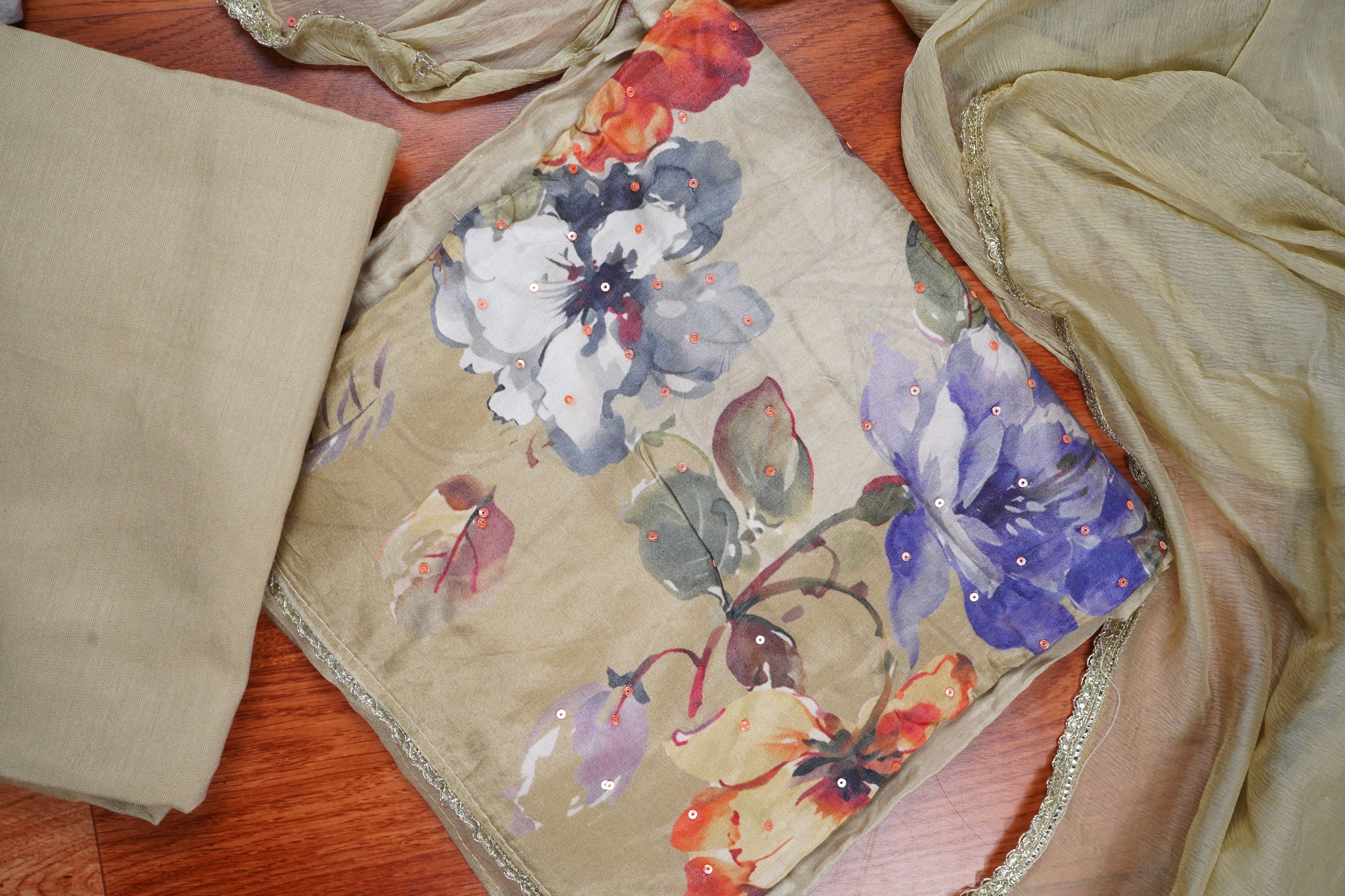 beige semi crepe unstitched salwar suit