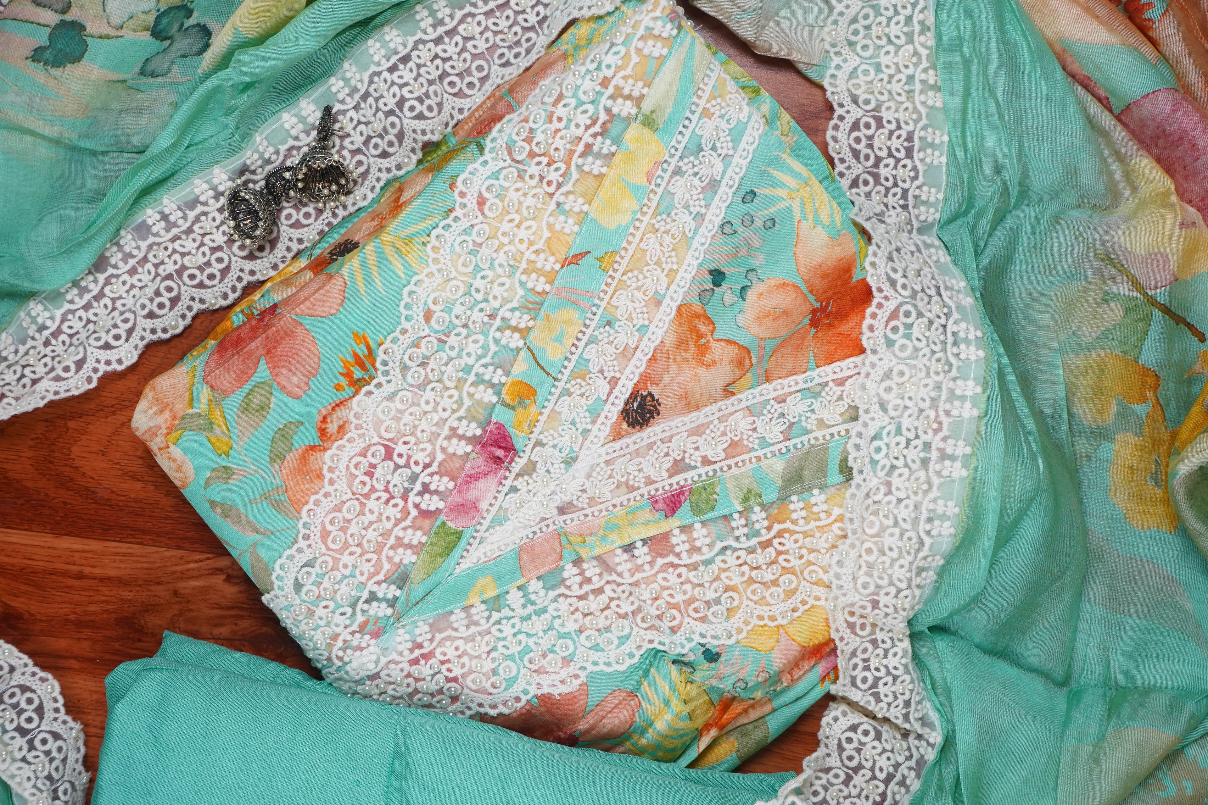 turquoise blue floral masleen unstiched salwar suit