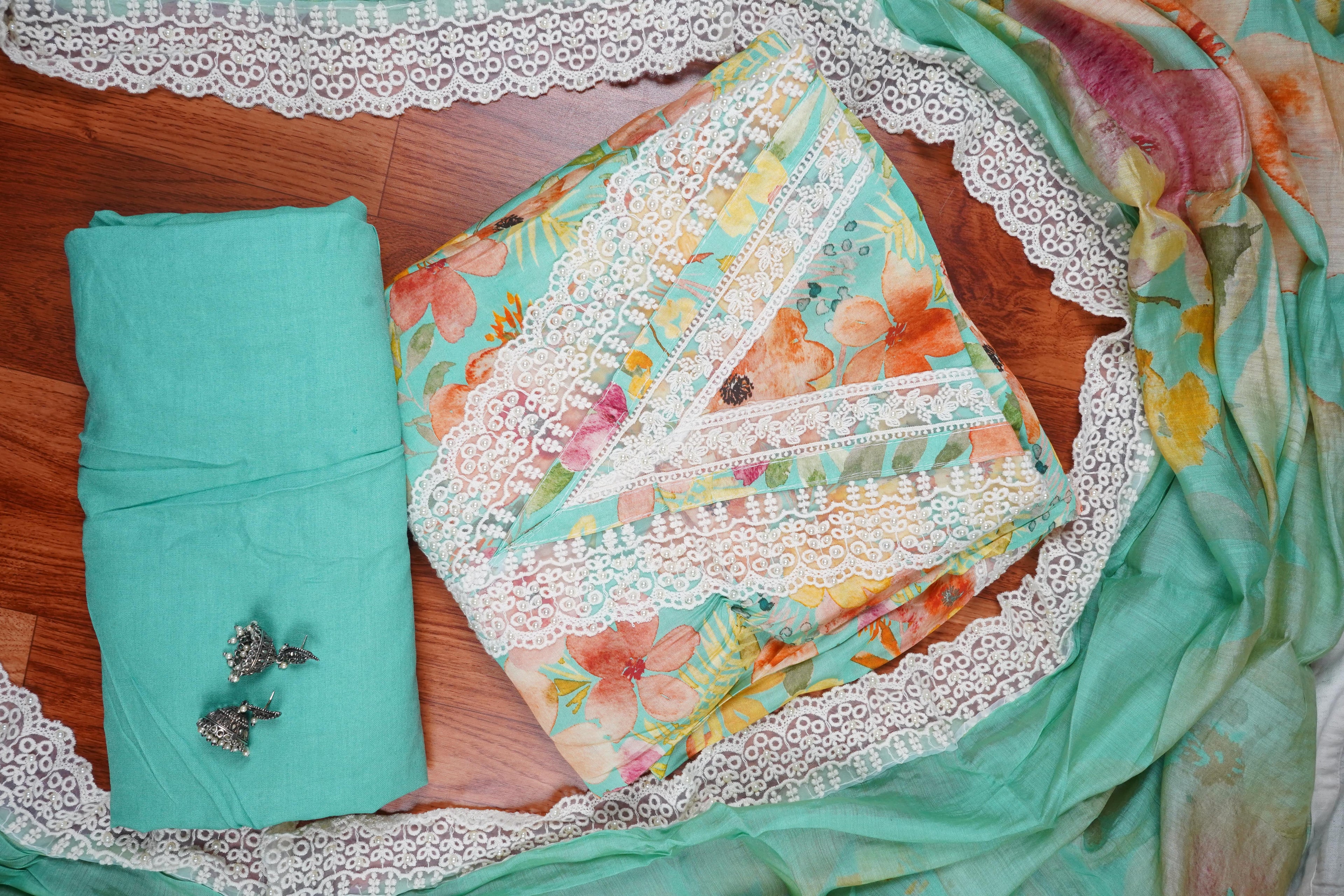 turquoise blue floral masleen unstiched salwar suit