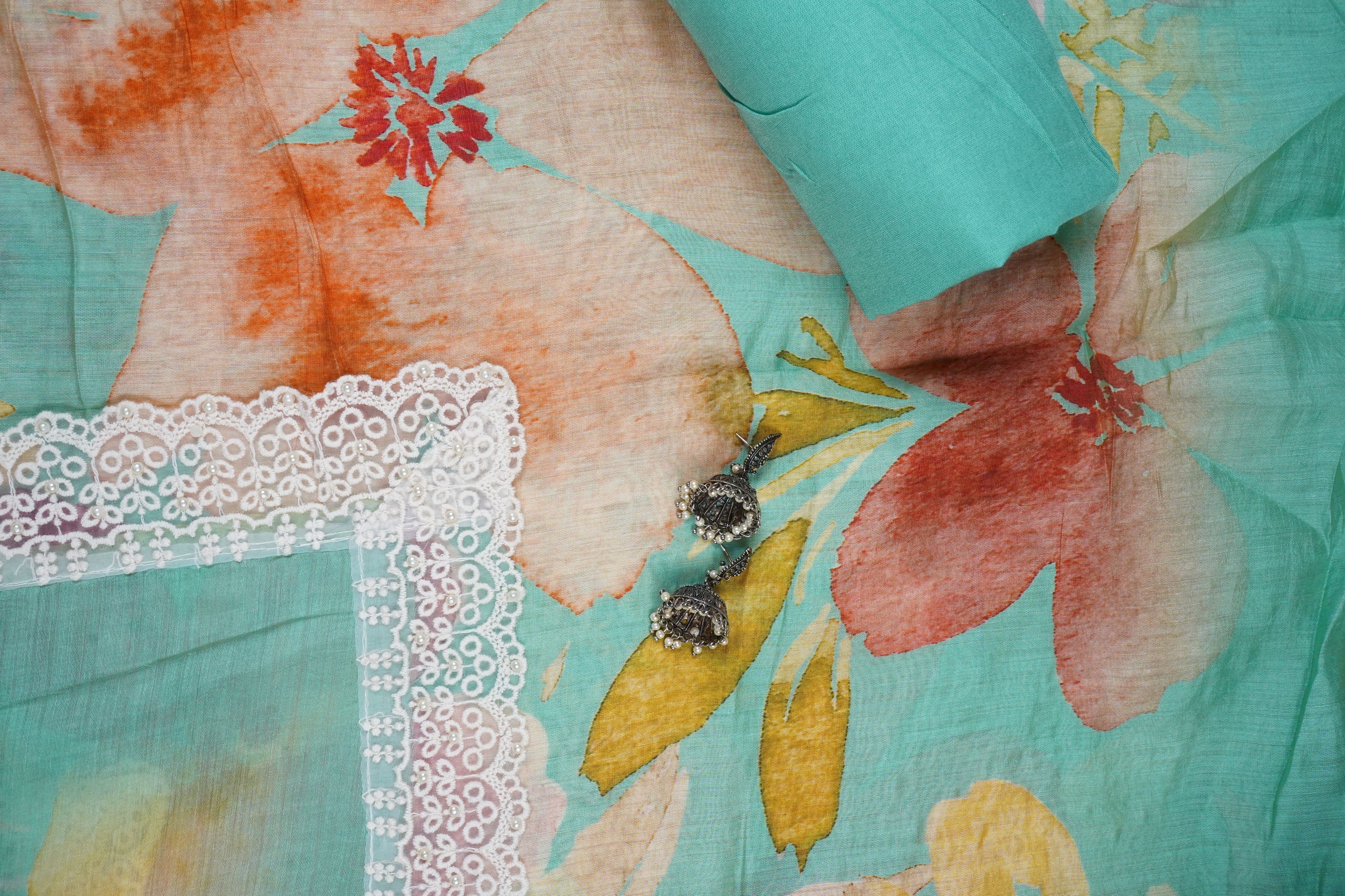 turquoise blue floral masleen unstiched salwar suit