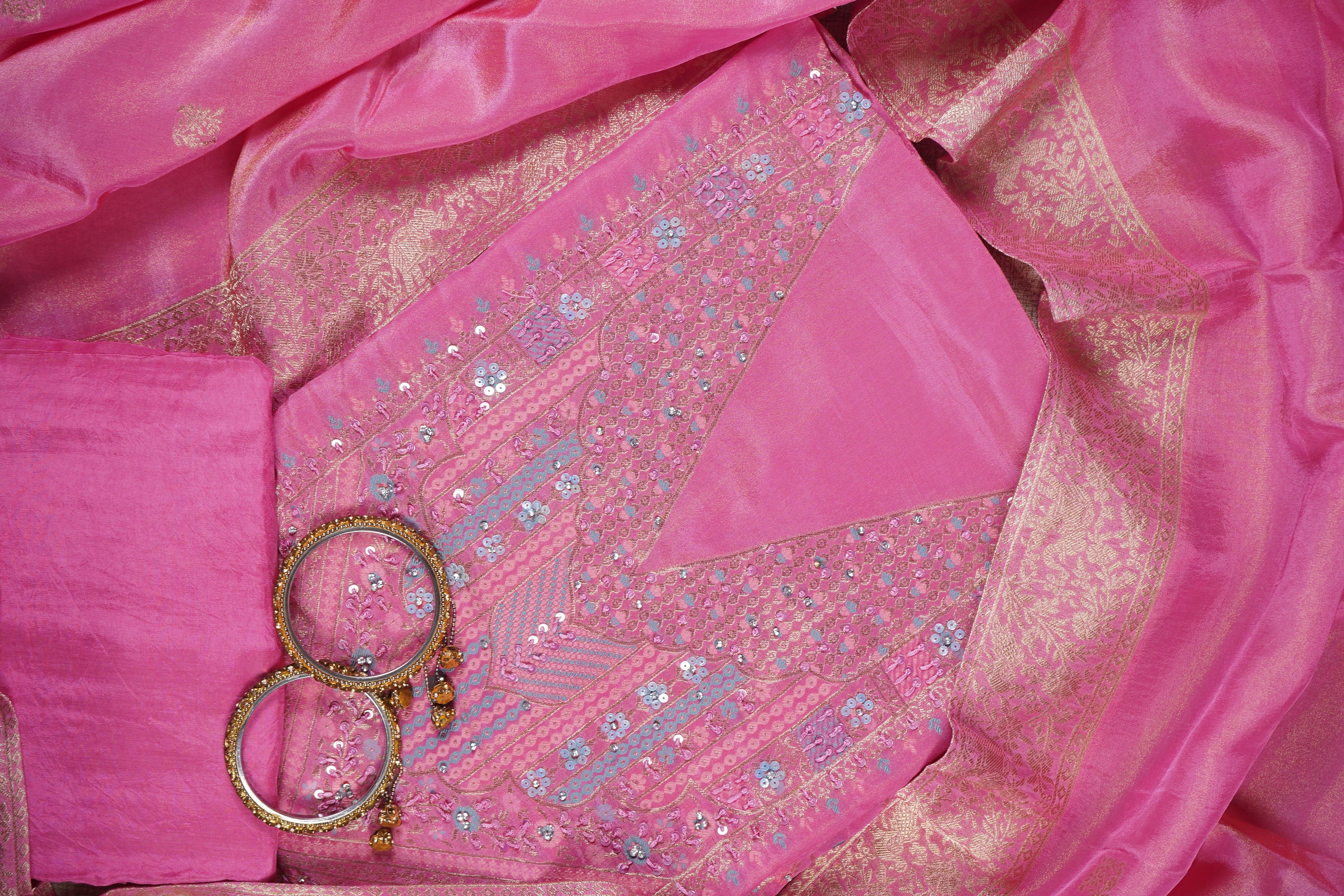 pink subtle sequins silk unstitched salwar suit