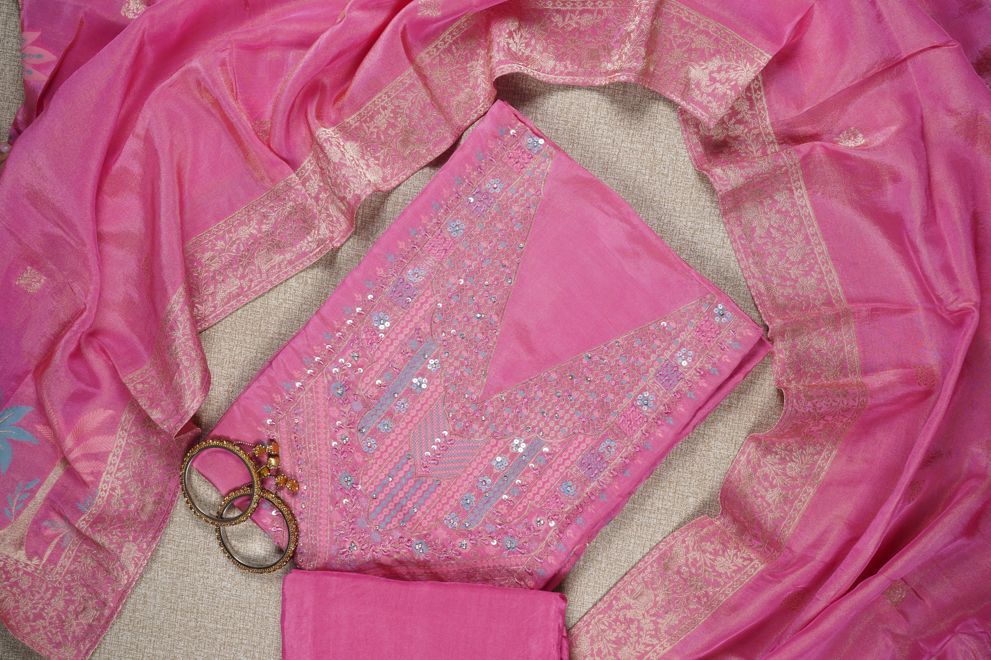 pink subtle sequins silk unstitched salwar suit