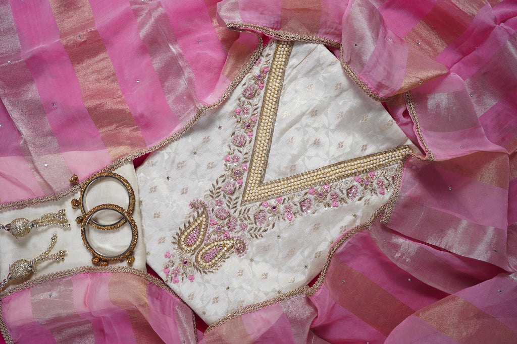 white zardozi silk unstitched salwar suit