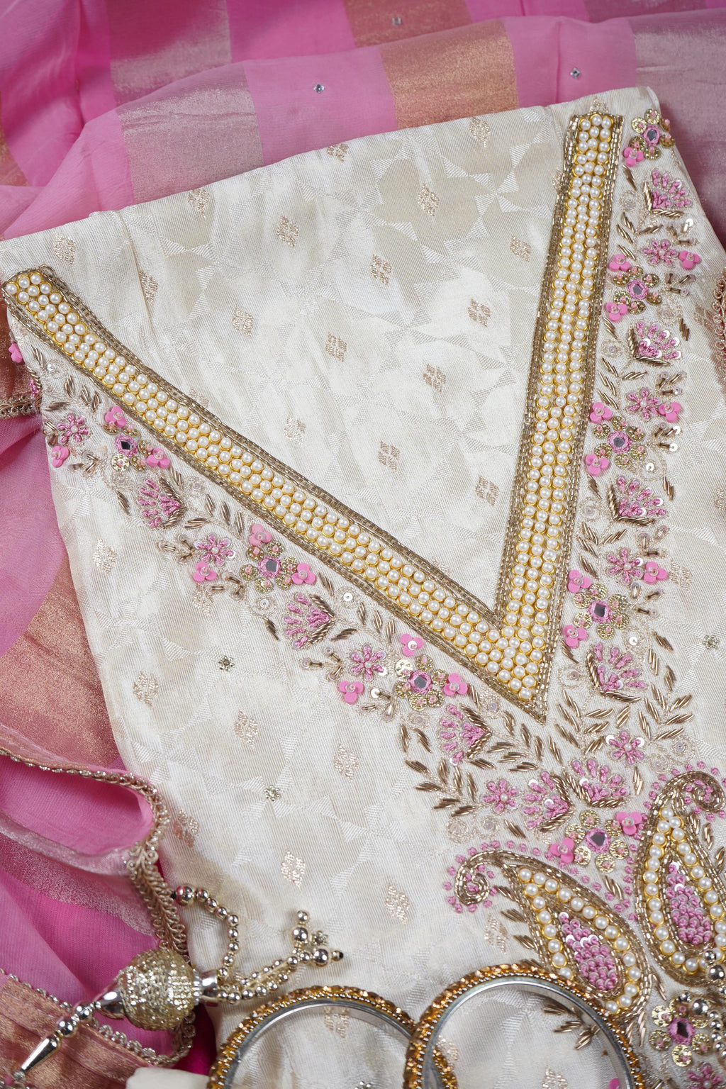 white zardozi silk unstitched salwar suit