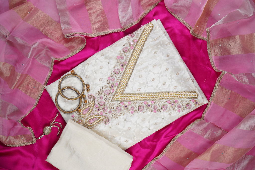 white zardozi silk unstitched salwar suit