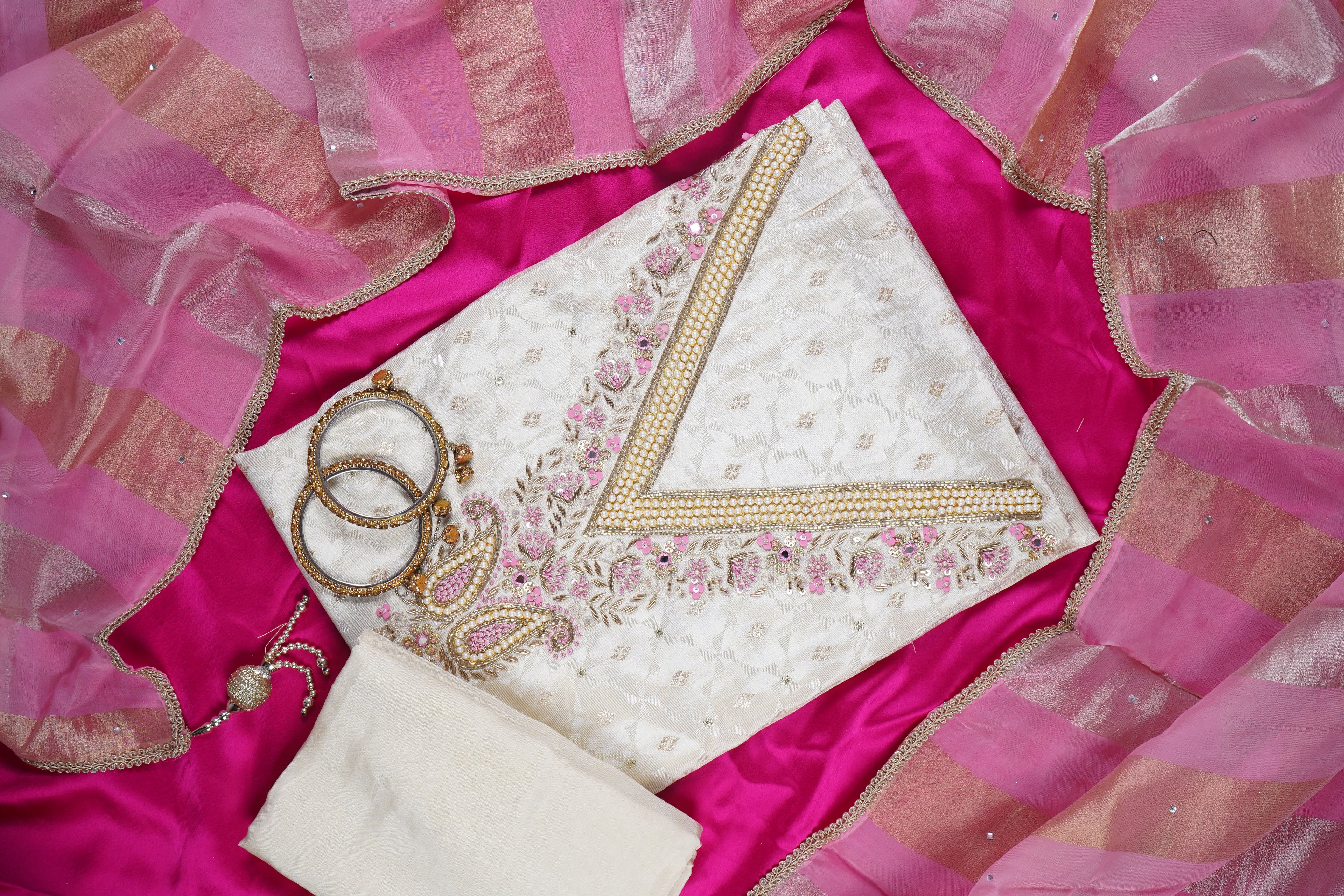 white zardozi silk unstitched salwar suit