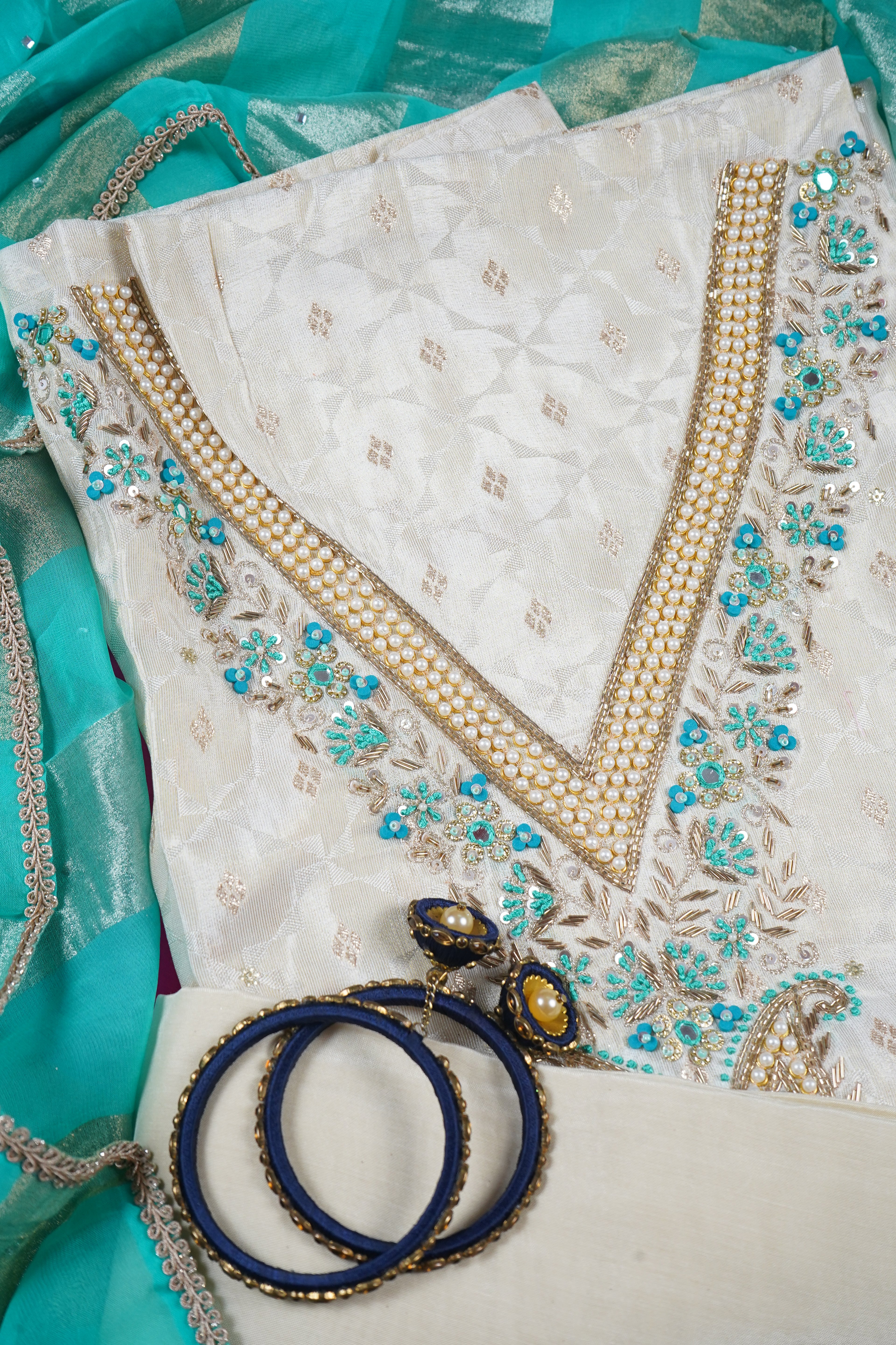 white zardozi silk unstitched salwar suit