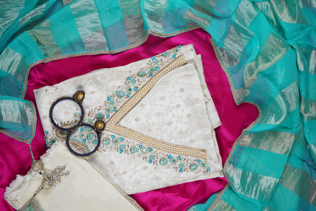 white zardozi silk unstitched salwar suit