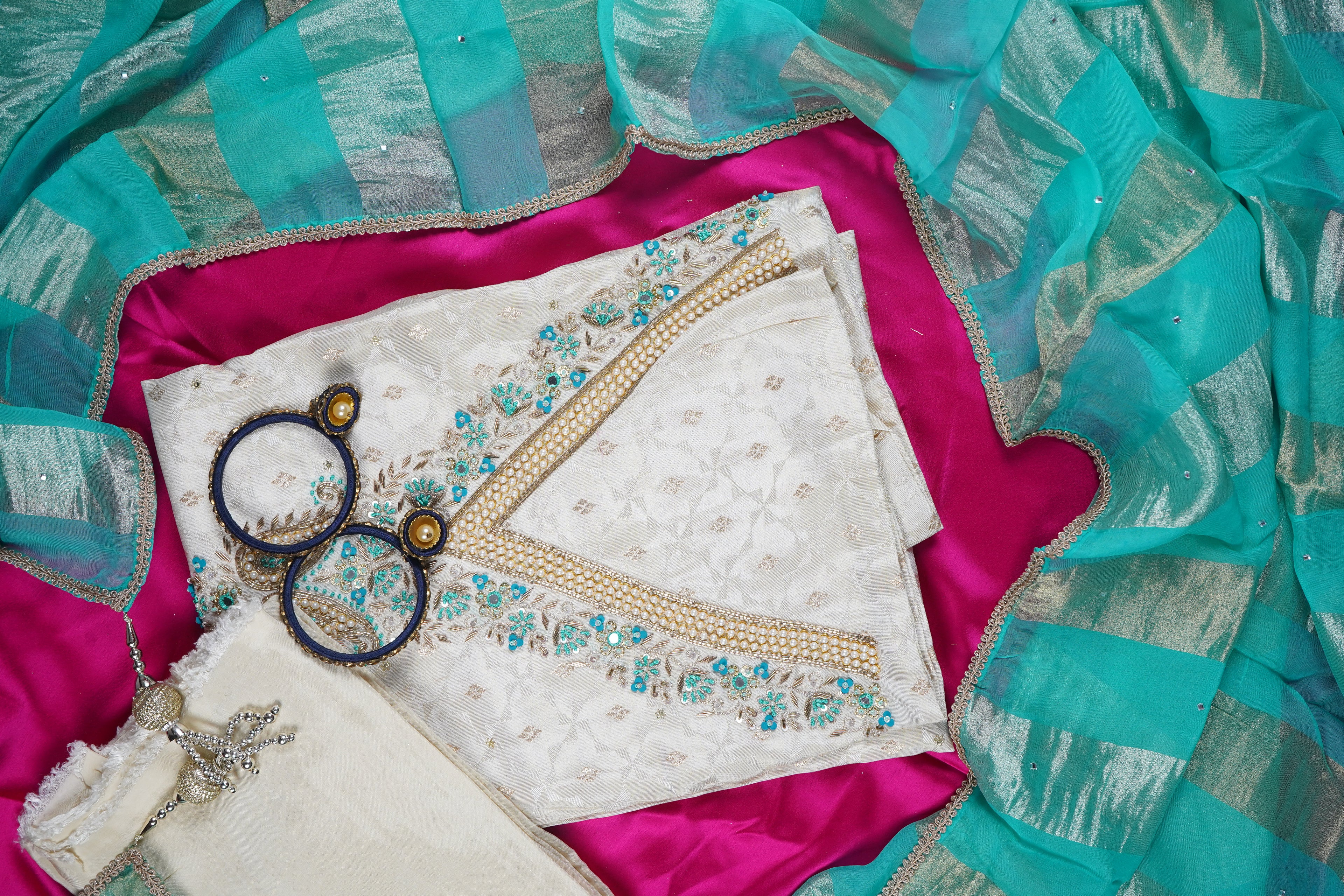 white zardozi silk unstitched salwar suit