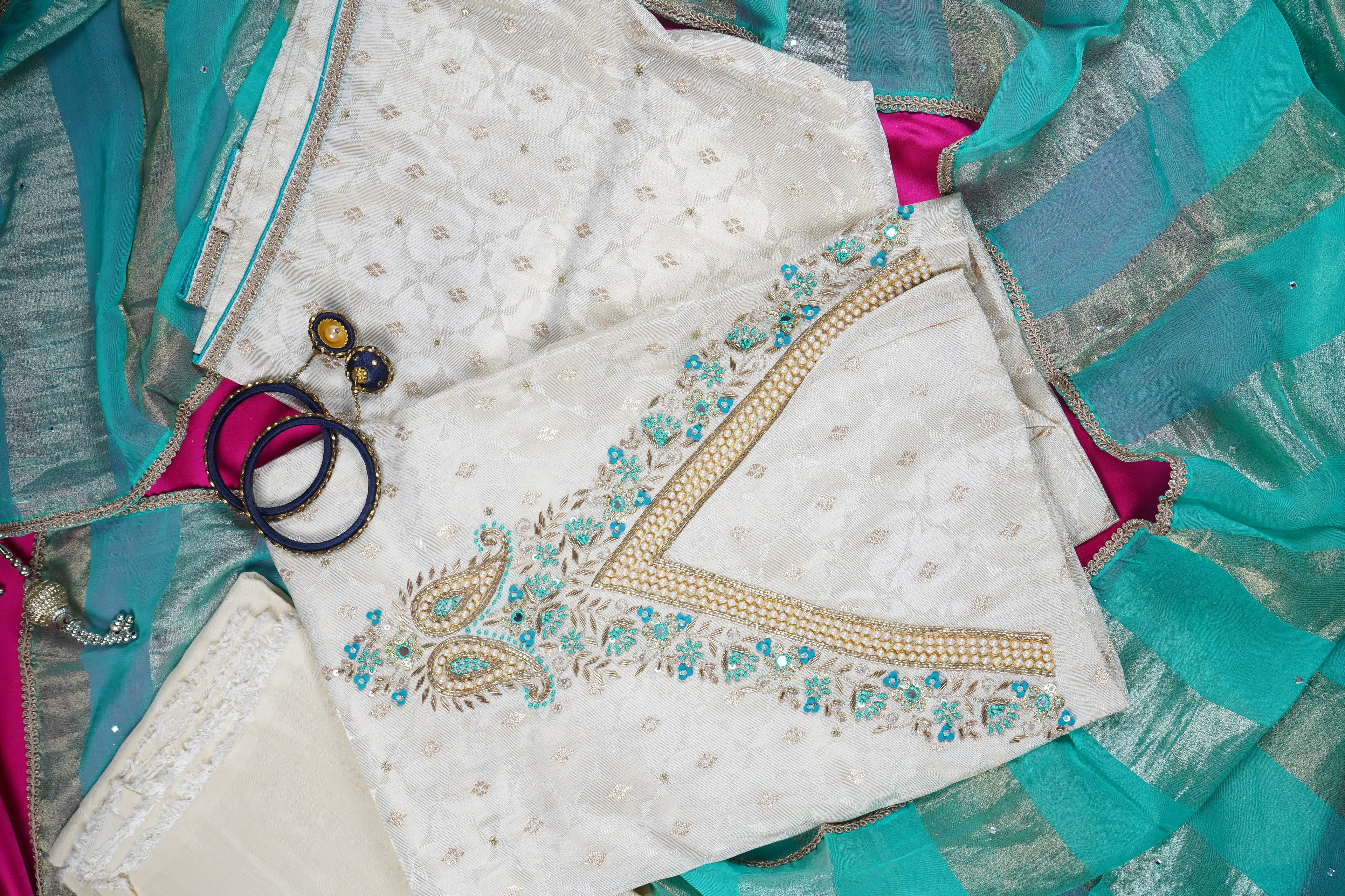 white zardozi silk unstitched salwar suit