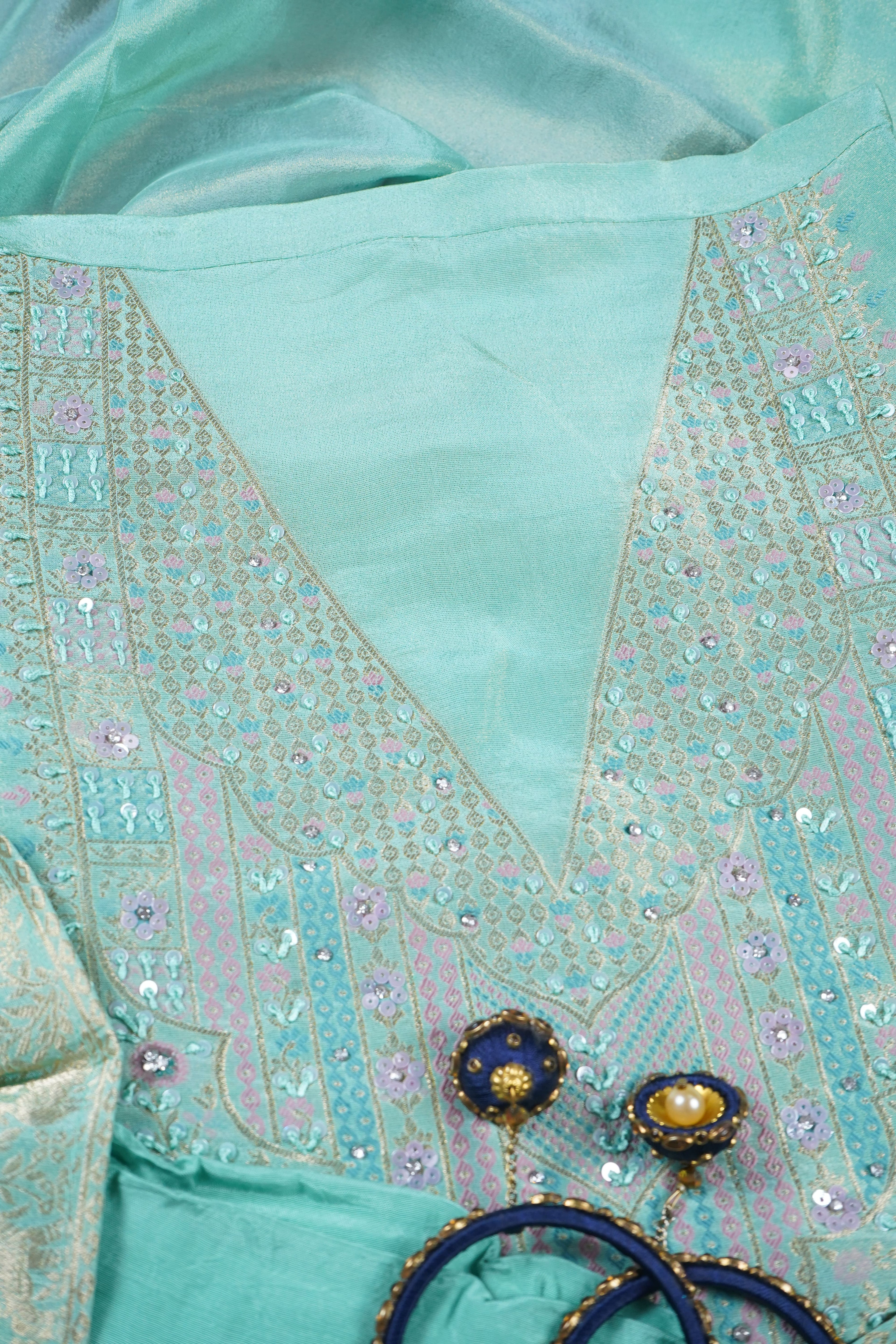 light turquoise blue subtle sequins silk unstitched salwar suit