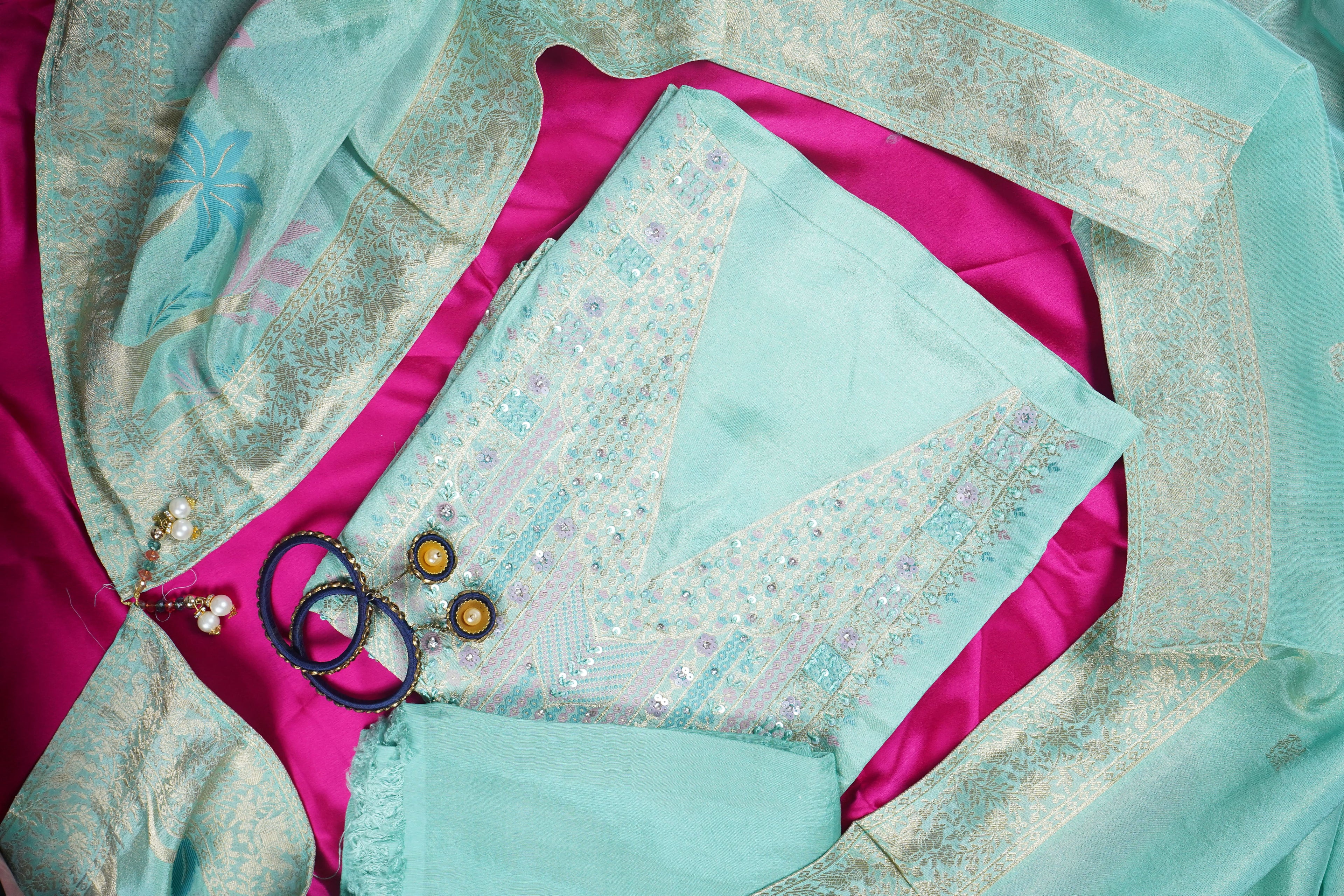 light turquoise blue subtle sequins silk unstitched salwar suit