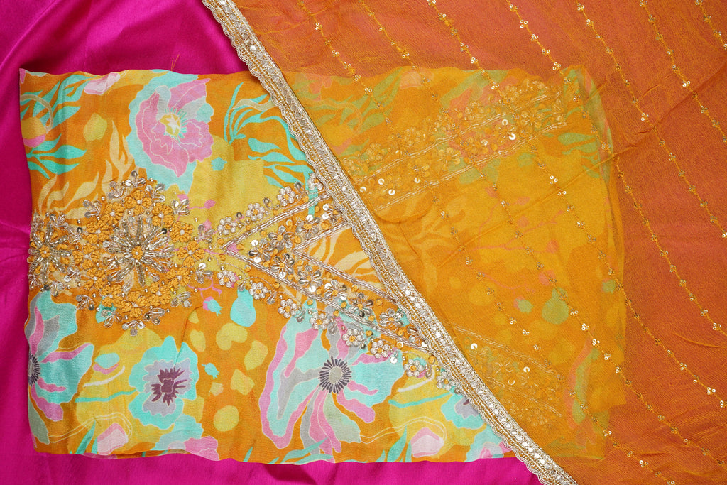 yellow zardozi chinon unstitched salwar suit