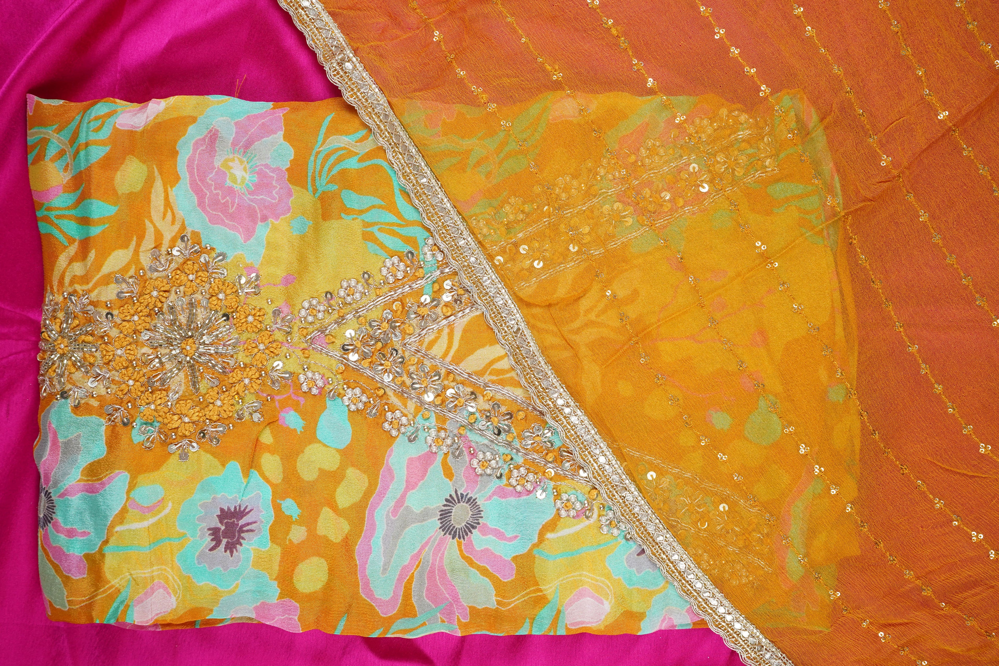 yellow zardozi chinon unstitched salwar suit