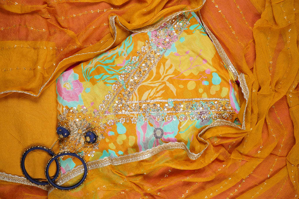 yellow zardozi chinon unstitched salwar suit