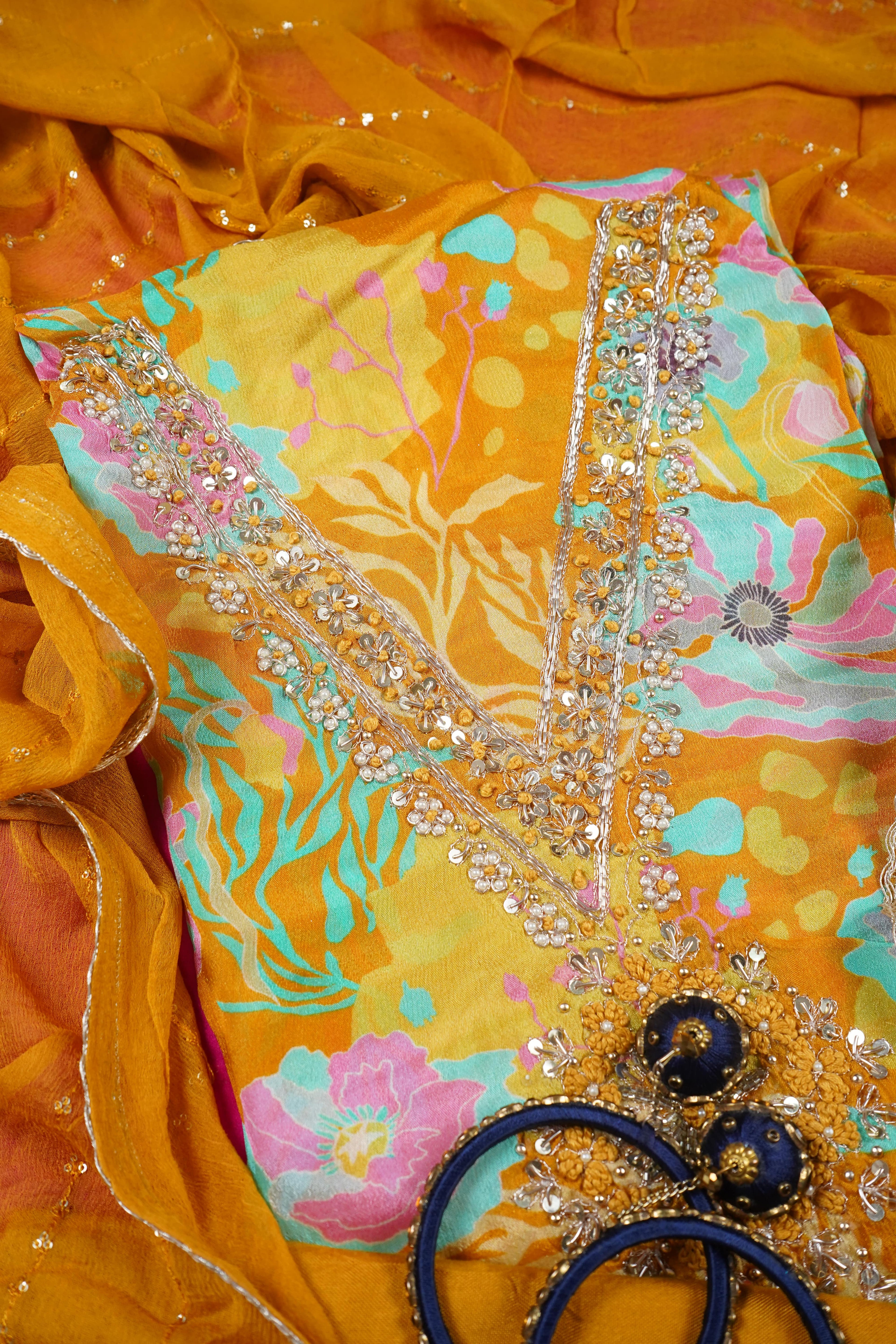 yellow zardozi chinon unstitched salwar suit