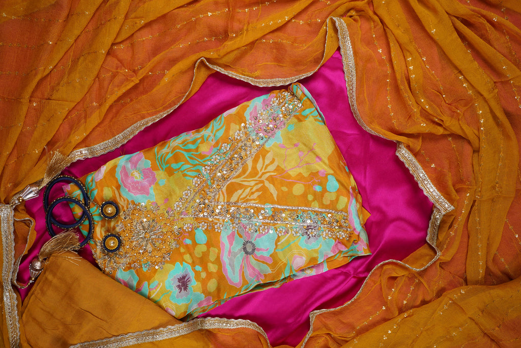 yellow zardozi chinon unstitched salwar suit