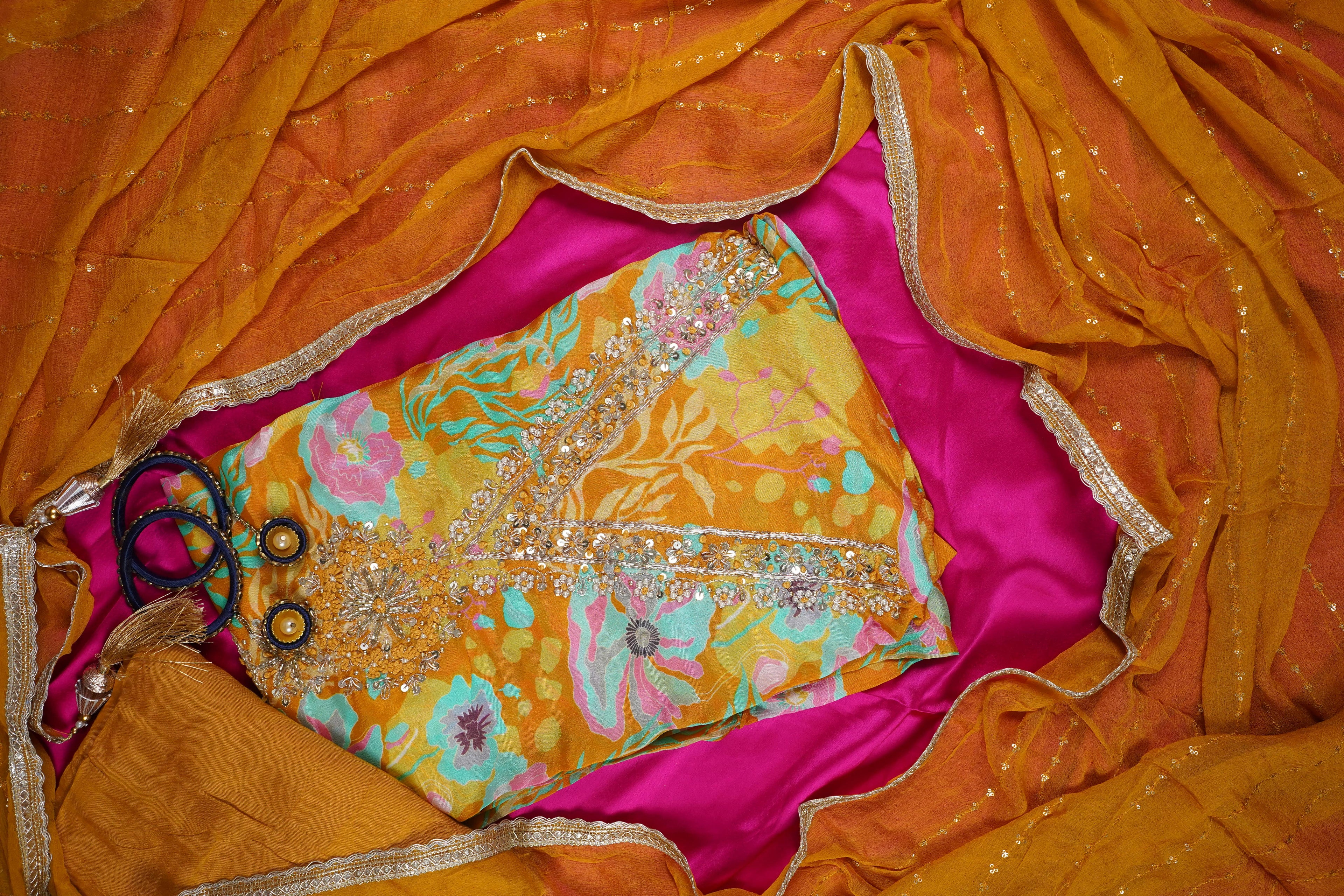 yellow zardozi chinon unstitched salwar suit