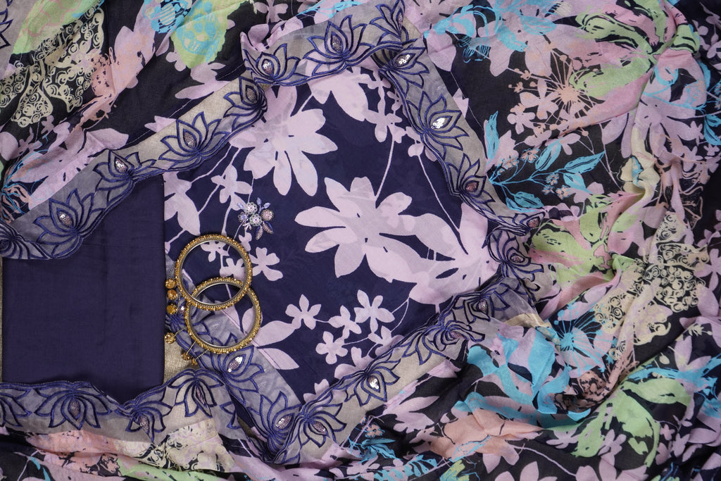purple crepe floral printed unstiched salwar suit
