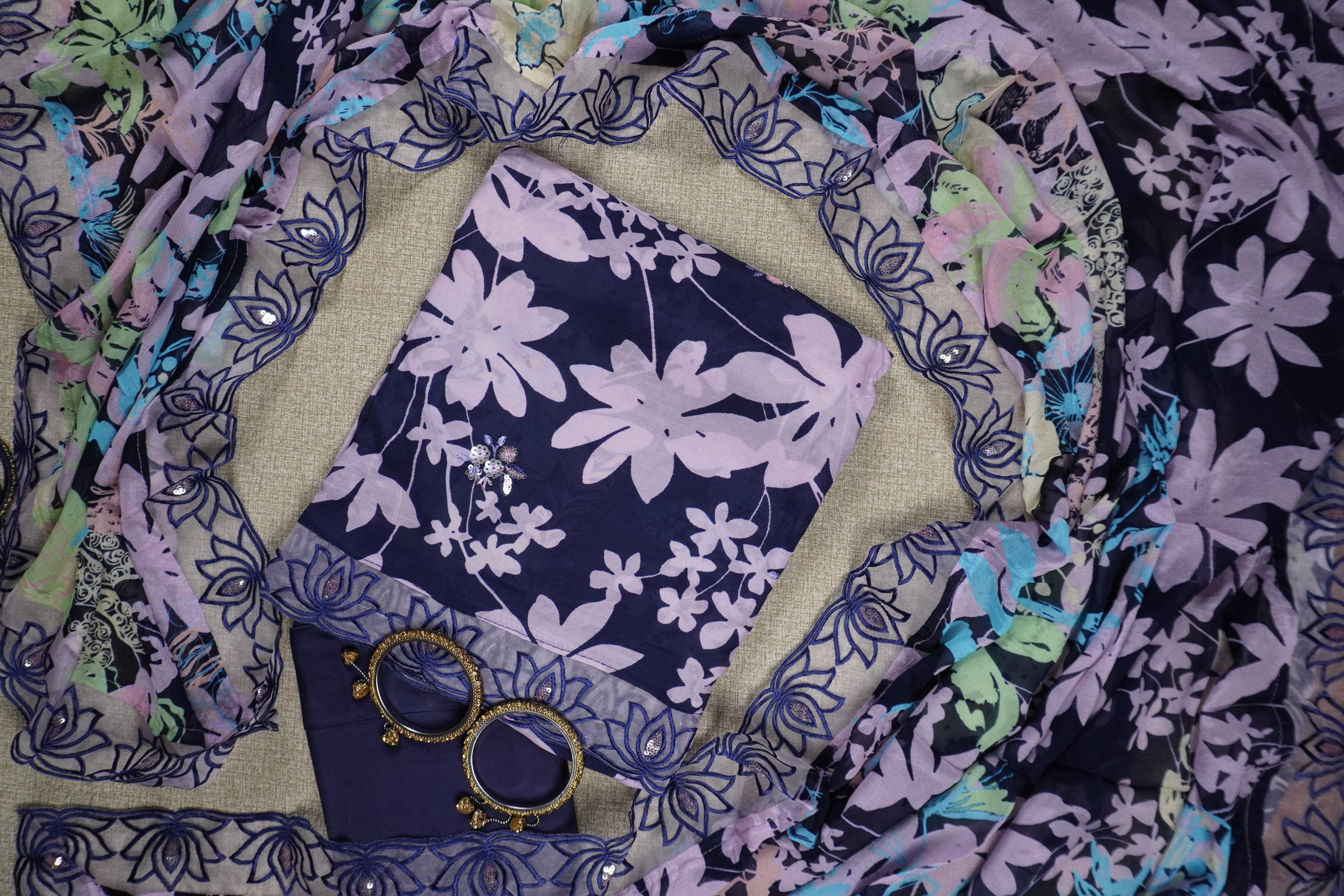 purple crepe floral printed unstiched salwar suit