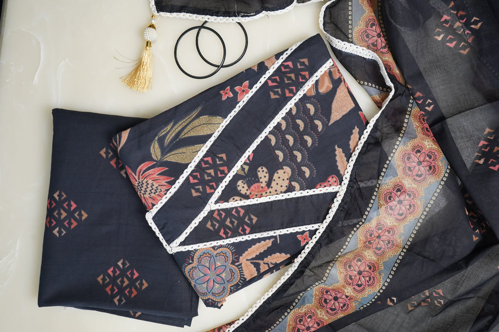 black printed cotton unstitched salwar suit