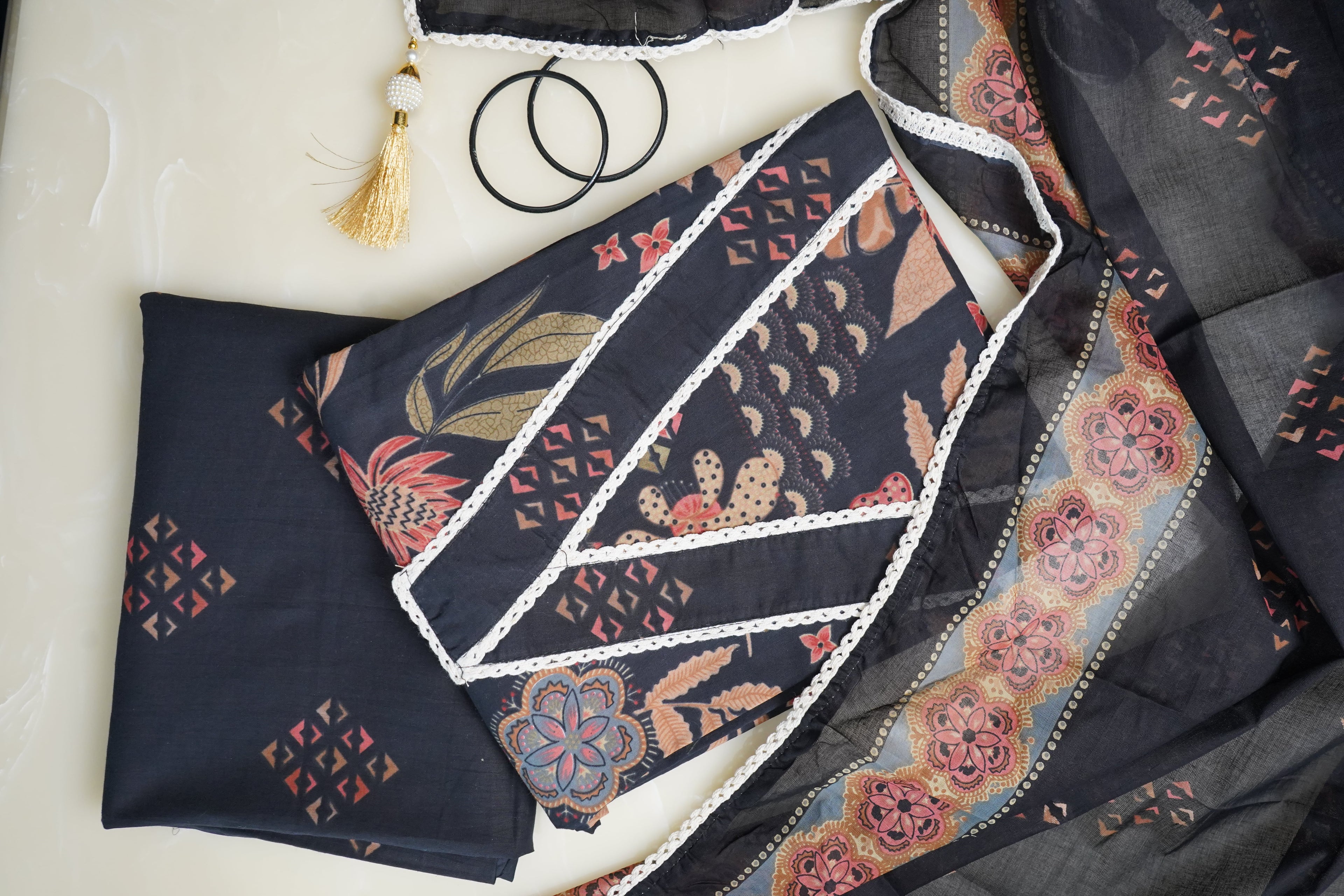 black printed cotton unstitched salwar suit