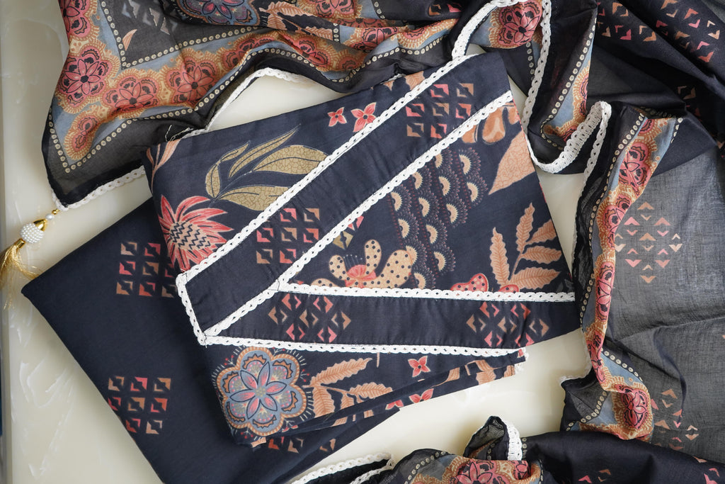 black printed cotton unstitched salwar suit