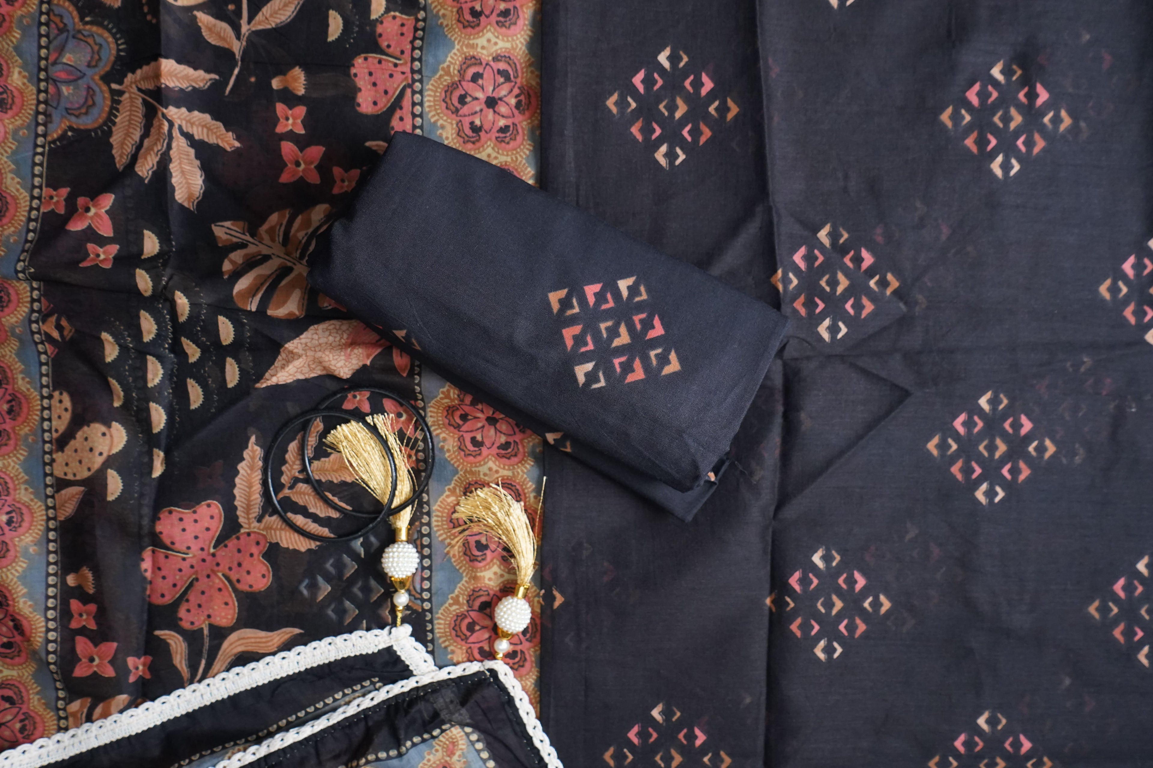 black printed cotton unstitched salwar suit