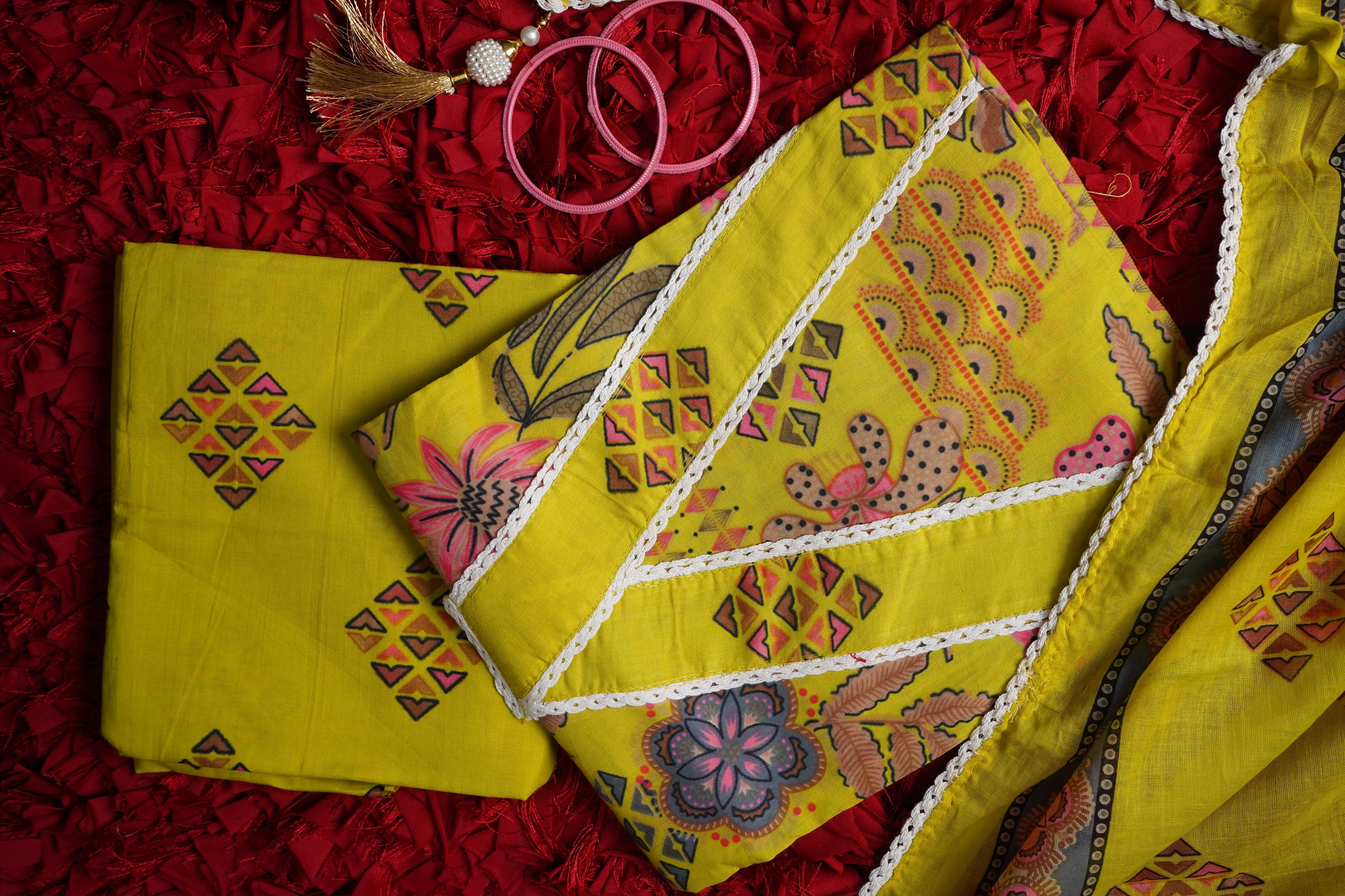 yellow printed cotton unstitched salwar suit