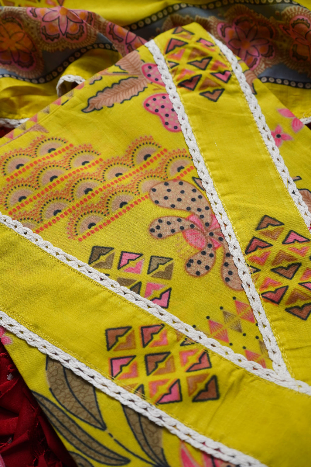 yellow printed cotton unstitched salwar suit