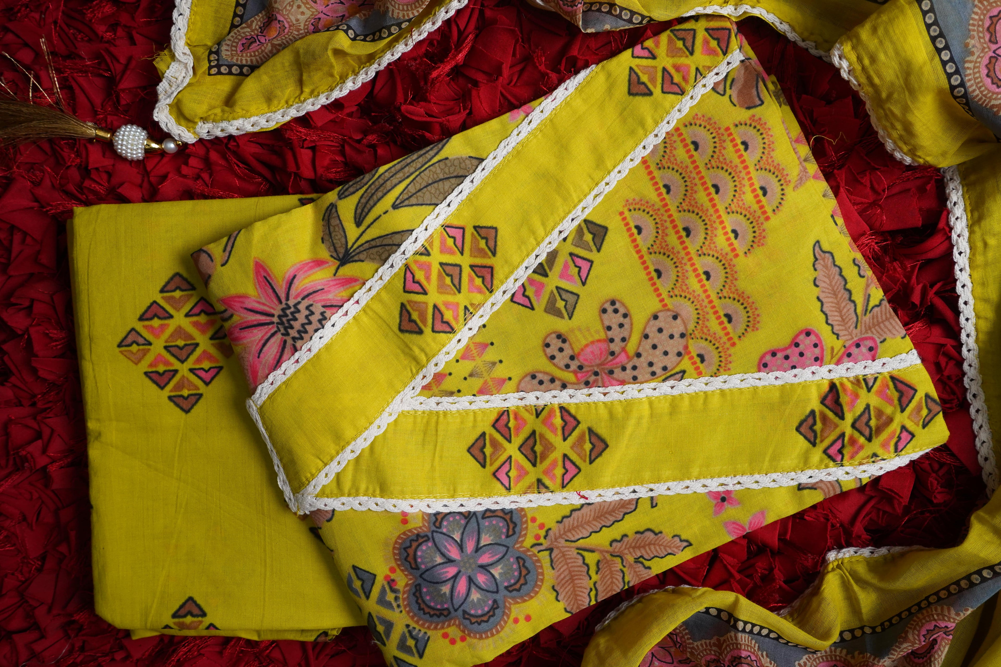 yellow printed cotton unstitched salwar suit