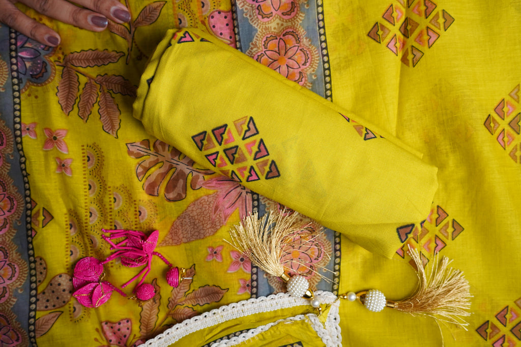 yellow printed cotton unstitched salwar suit