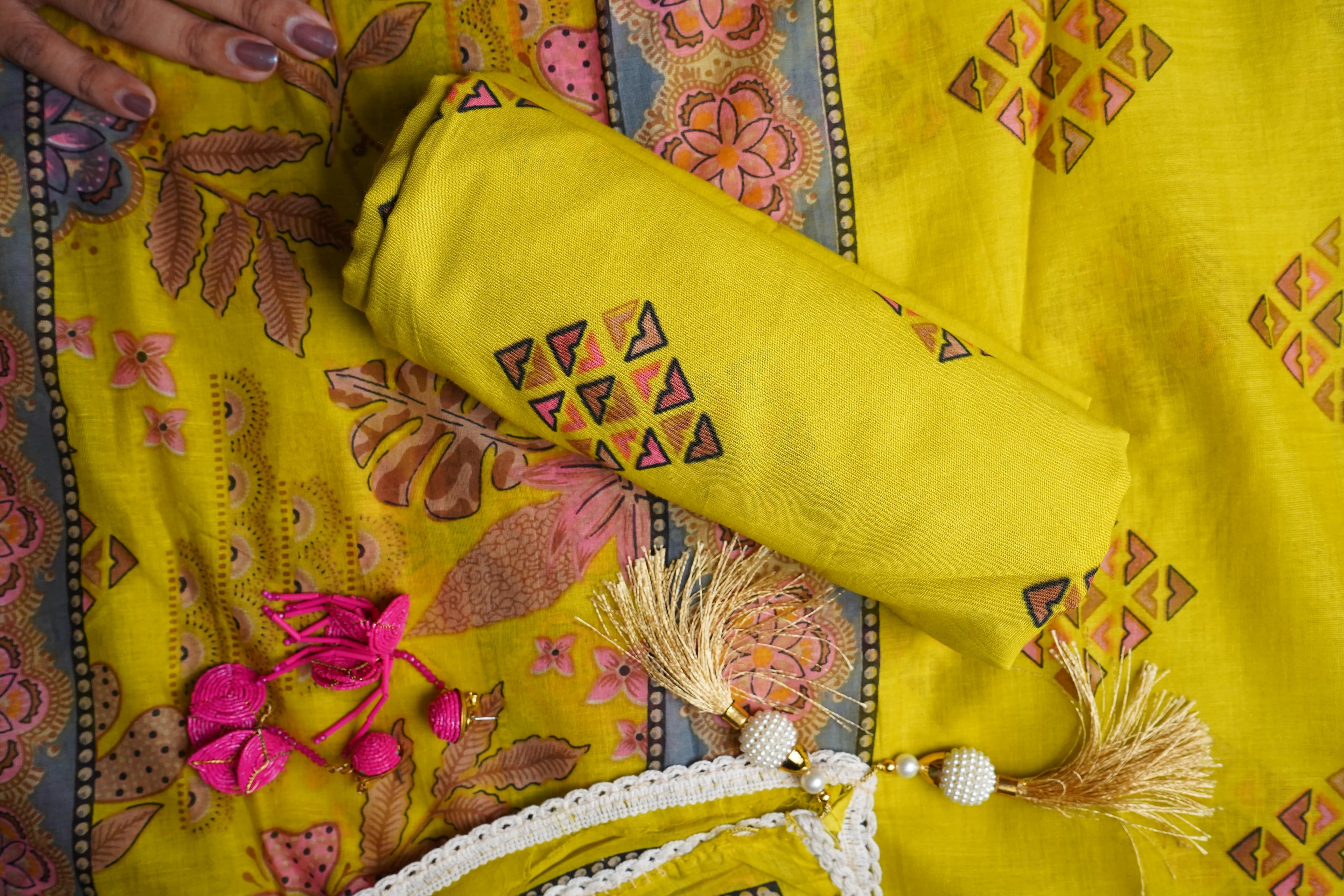 yellow printed cotton unstitched salwar suit