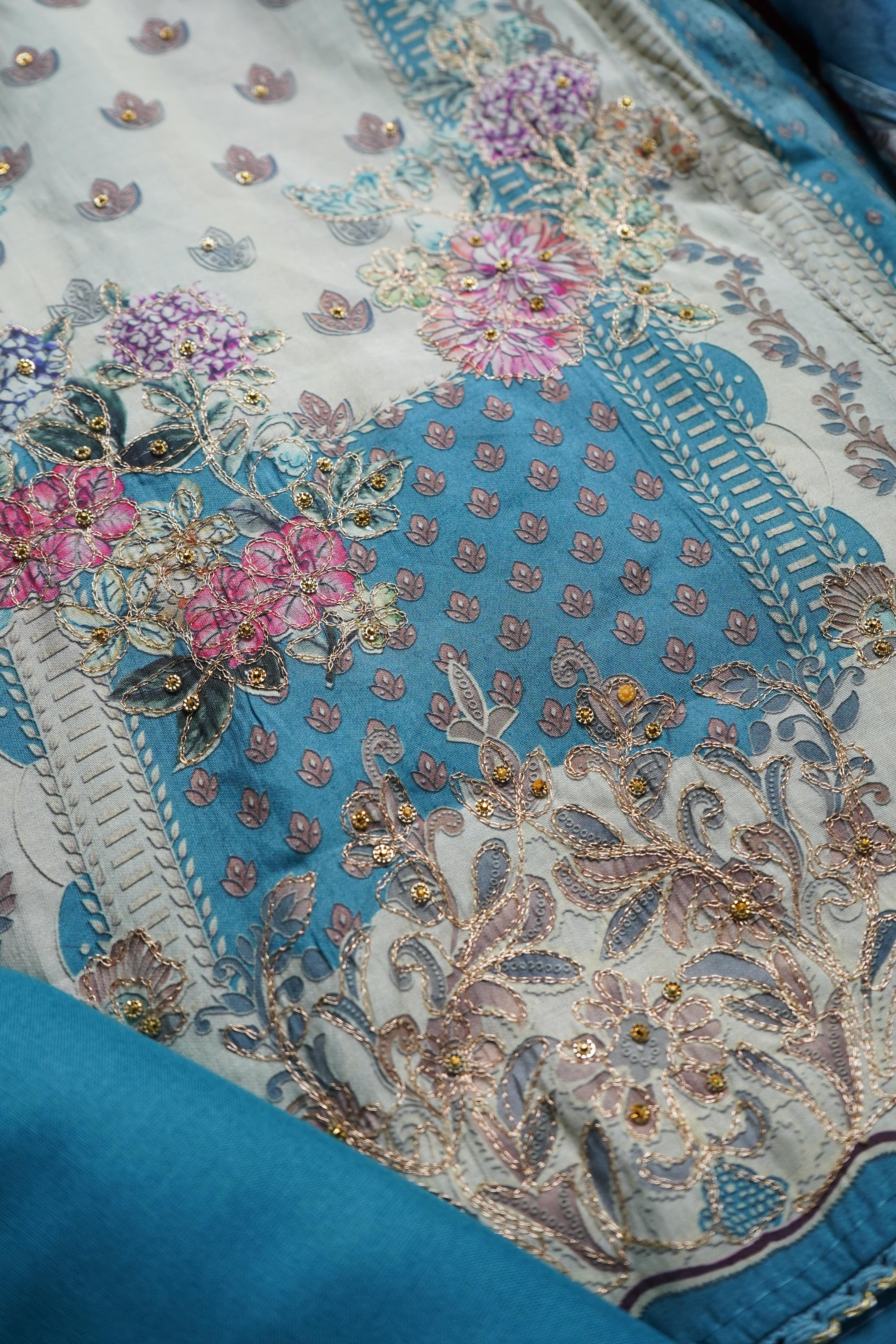 blue masleen zariwork unstitched salwar suit