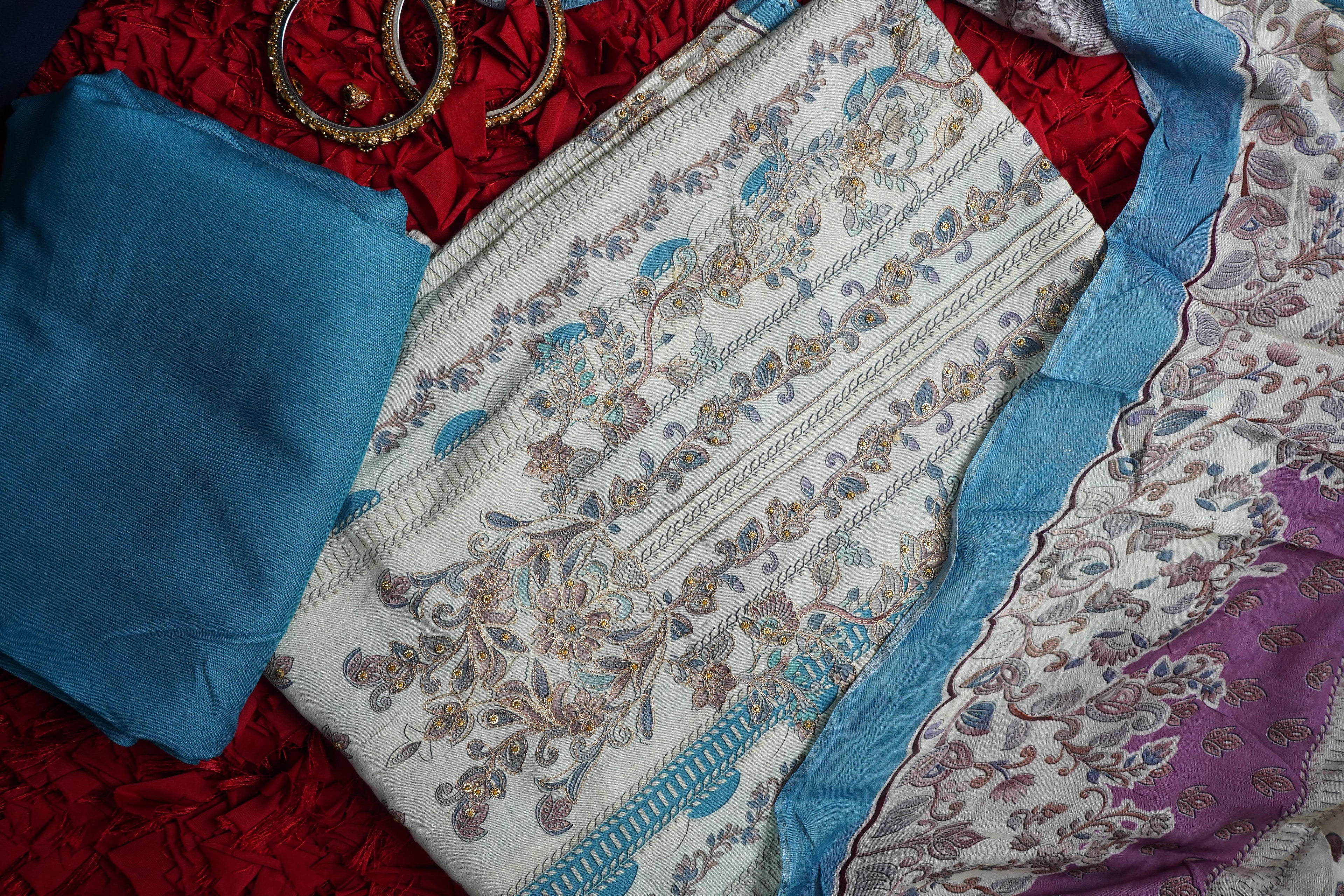 blue masleen zariwork unstitched salwar suit