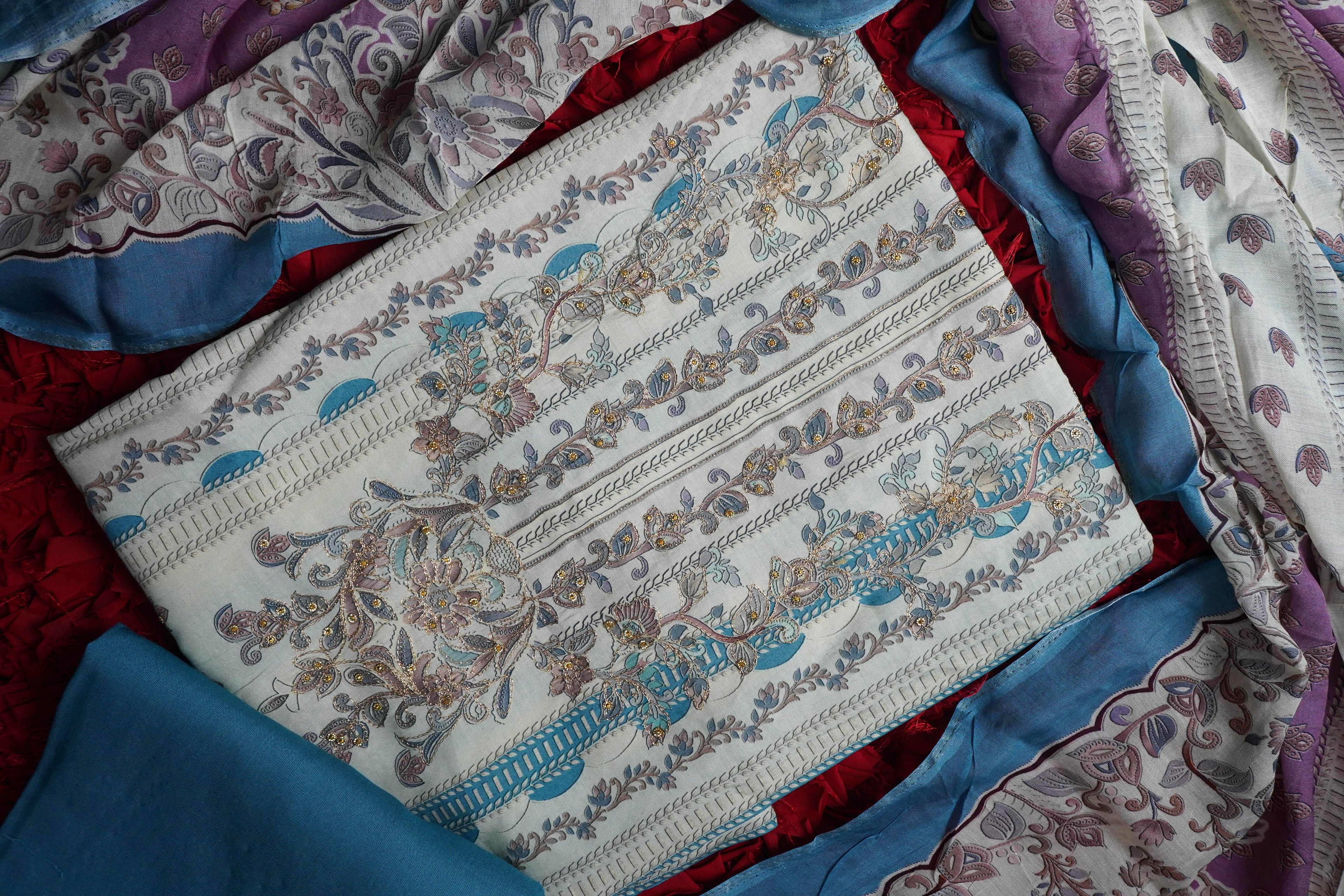 blue masleen zariwork unstitched salwar suit