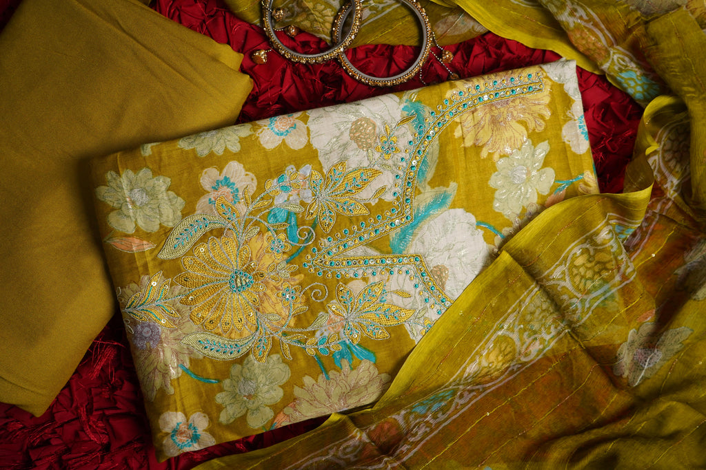 yellow cotton zariwork unstitched salwar suit